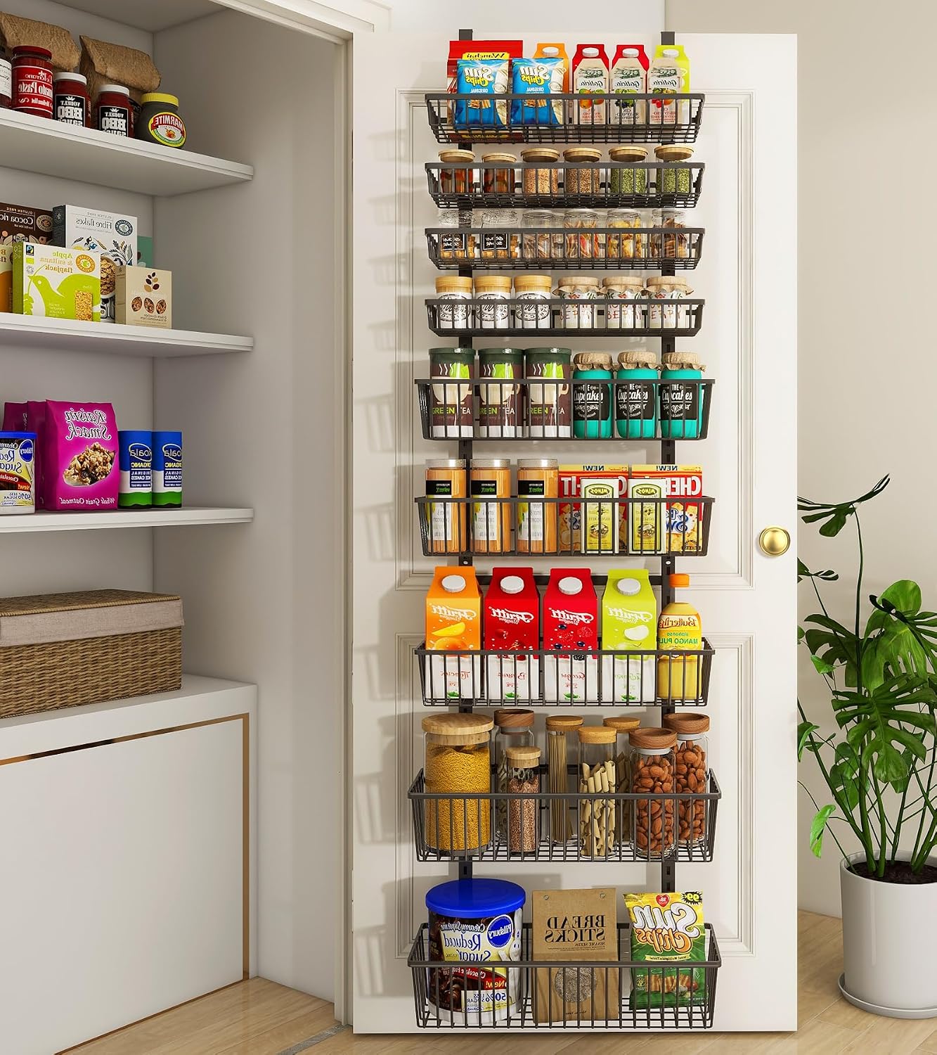Mefirt 9-Tier Over The Door Pantry Organizer, Pantry Storage and Organization, Black Metal Hanging Spice Rack Seasoning Shelves Door, Wall Mount for Home & Kitchen, Laundry Room Bathroom Organization