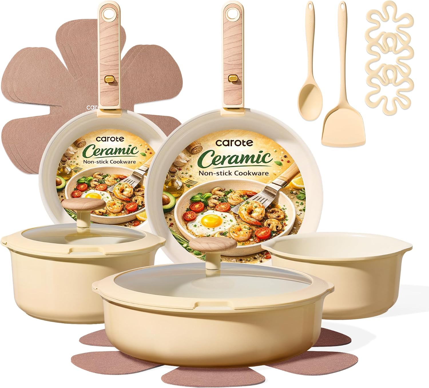 CAROTE 18 Pcs Ceramic Cookware Set Detachable Handle, Non Toxic Pots and Pans Set Non Stick, Induction Kitchen Cookware Removable Handles, Oven Safe, Stackable RV/Camping Cooking Set, Yellow