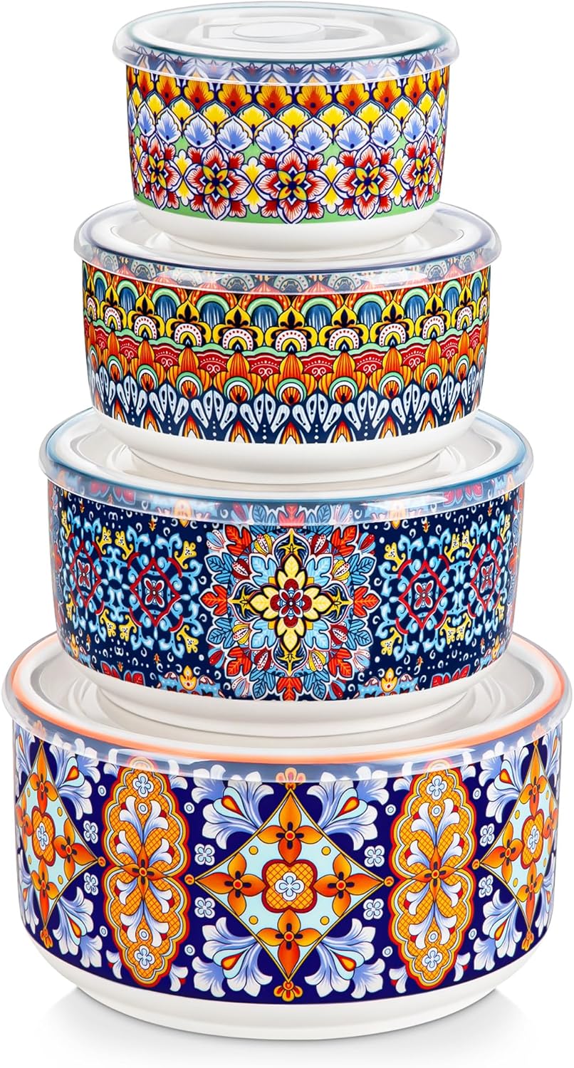 vancasso Serving Bowls with Lids Set of 4, Ceramic Nesting Mixing Bowls for Food Storage, Prep and Stackable, Dishwasher & Microwave Safe Gift Set, 60/36/20/10 OZ, Series SIMI