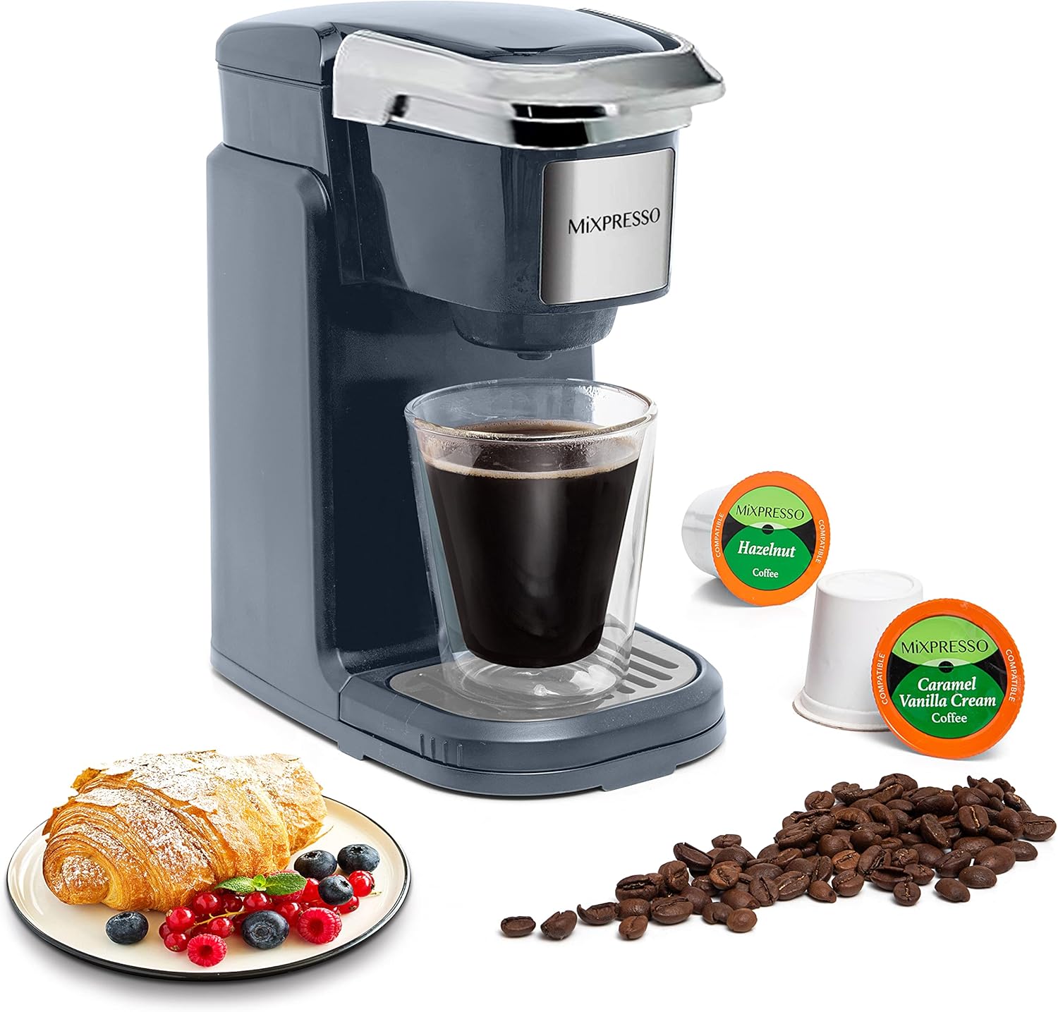 Mixpresso Single Cup Coffee Brewer – Quick Brew, One Touch Function, 12oz One Cup Grey Coffee Maker