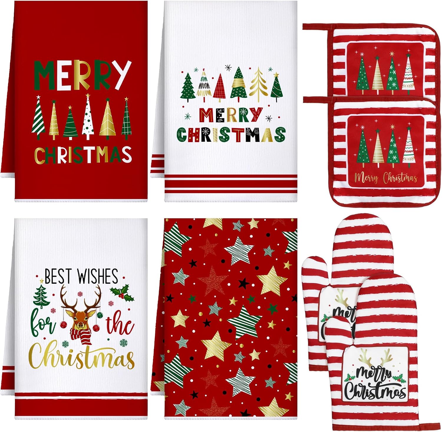 Leinuosen 8 Pcs Christmas Kitchen Decoration Set Christmas Tree Kitchen Towels Oven Mitts and Pot Holders Red Black Buffalo Plaid Dish Towels Oven Mitts Accessories for Baking Cooking(Colorful,Star)