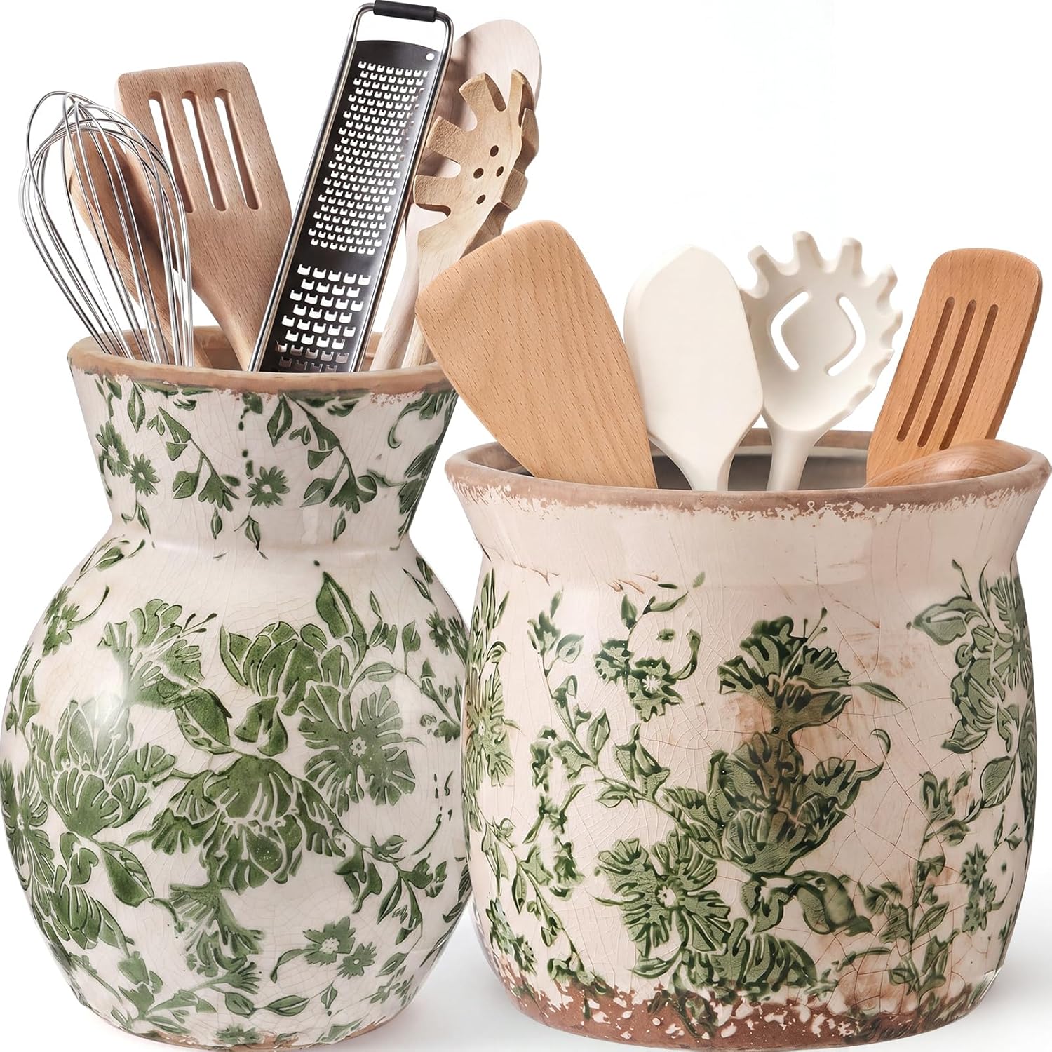 2 Pack Green Floral Ceramic Utensil Holder 7.09″ 5.51″ Vintage Rustic Utensil Crock for Kitchen Counter Farmhouse Crock Spatula Organizer for Home Kitchen Decor Housewarming Gift
