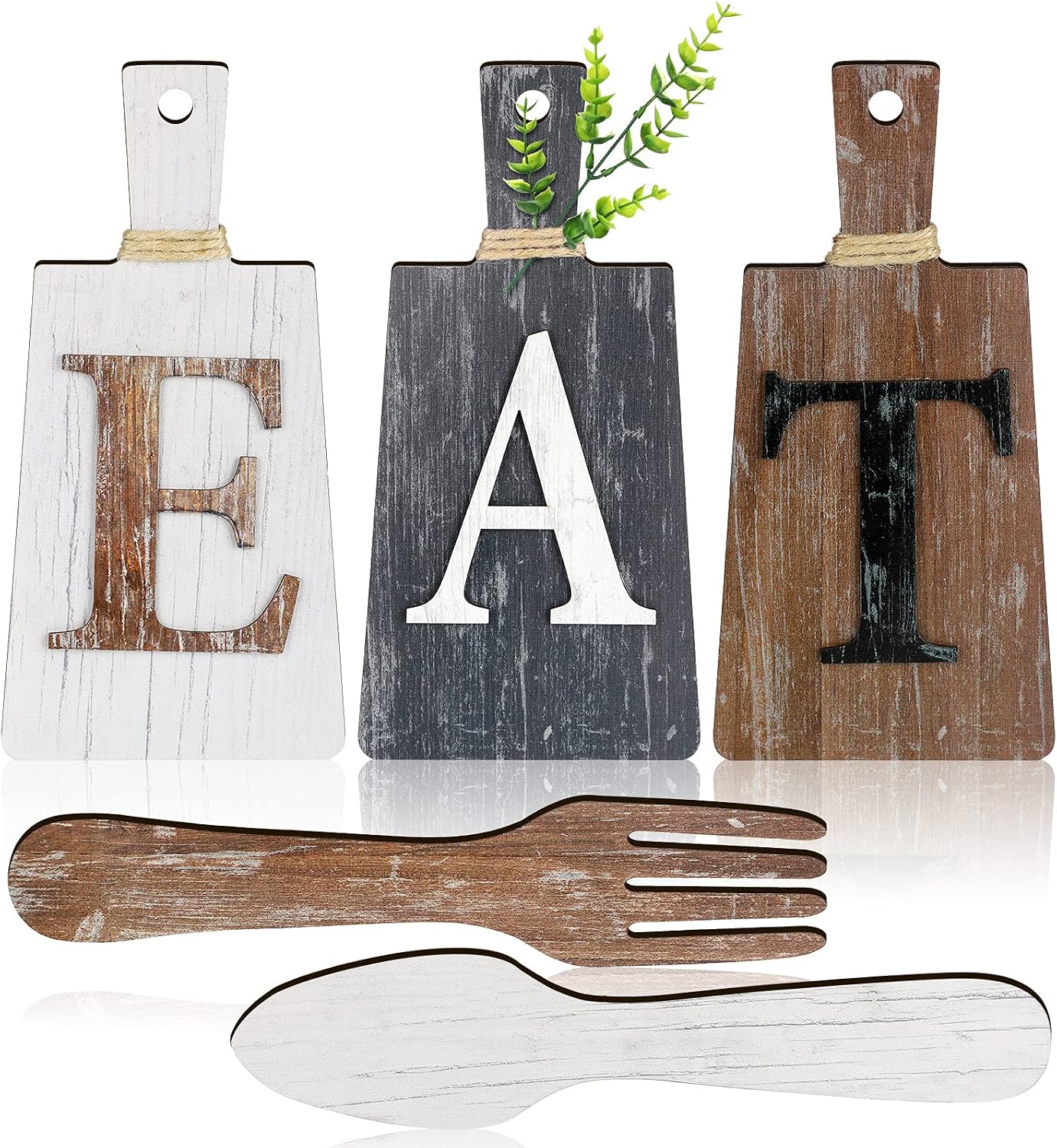 Jetec Cutting Board Eat Sign Set Hanging Art Kitchen Eat Sign Farmhouse Fork and Spoon Wall Decor Rustic Primitive Country Kitchen Decor for Home over Cabinet Decoration(White, Grey, Dark Brown)