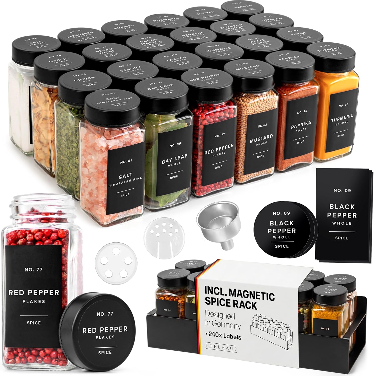 EDELHAUS Square Glass Spice Jars (24 x 4oz) with Black Lids + Magnetic Spice Rack for Refrigerator (Fits 12 Jars) + Bonus Slim Auxiliary Rack, 240 Labels, Shaker Inserts, Funnel