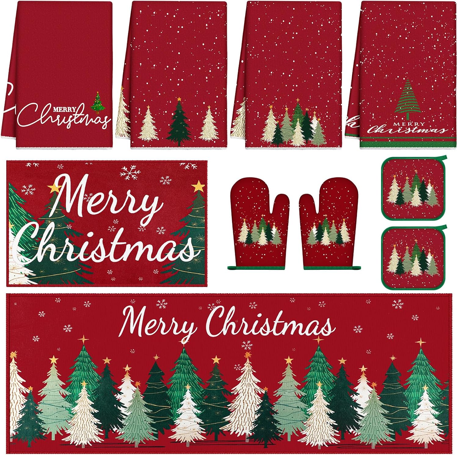 Nuanchu Merry Christmas Tree Kitchen Decor Set 4 Kitchen Dish Towels 2 Christmas Pot Holders 2 Oven Mitt Rustic Rug and Mat for Home Cooking Baking Holiday Xmas Tree Gift Home Decorations
