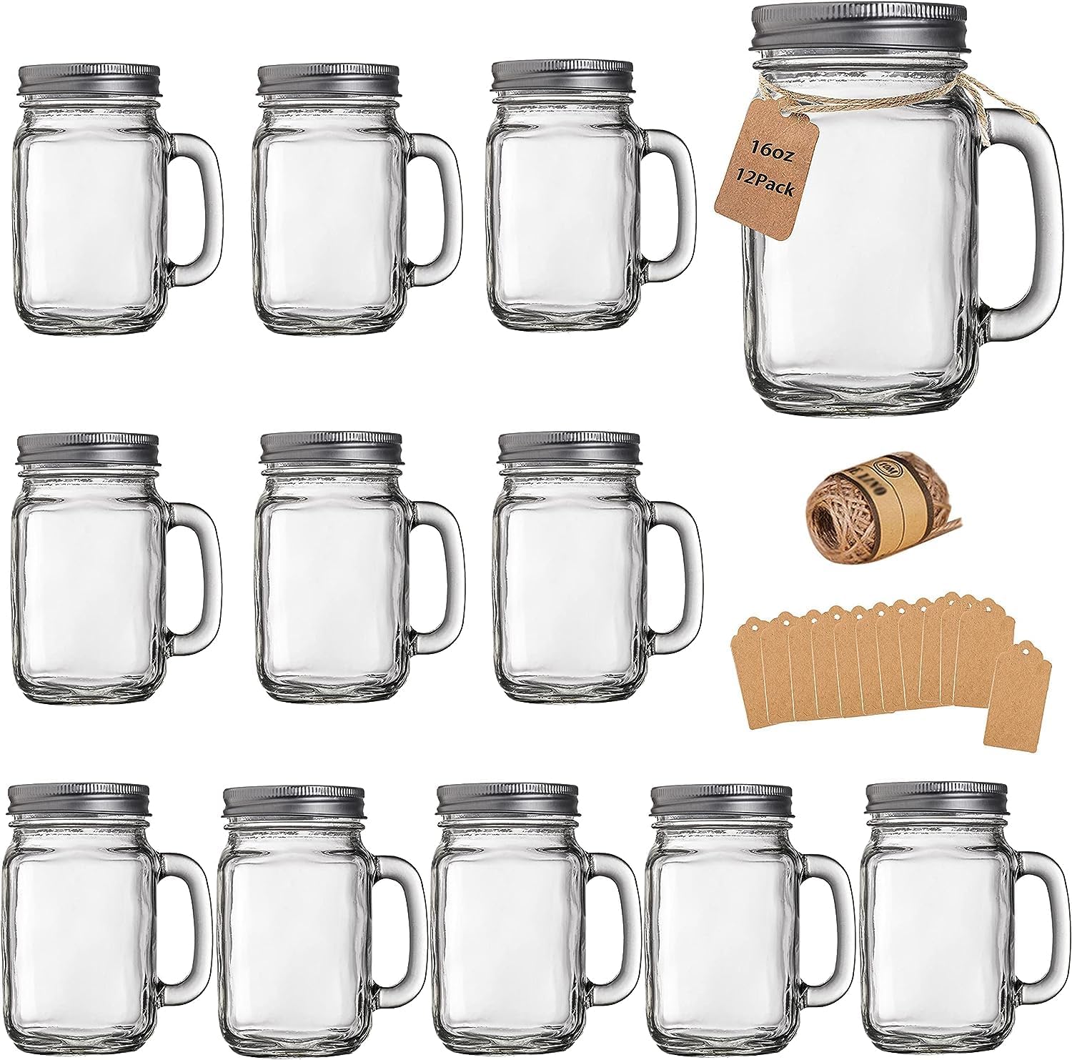 TANGLONG Mason Jar Cups, Mason Jars With Handle And Lids, Drinking Glasses Cups, Glass Mugs with Handles 16 oz –12 Pack