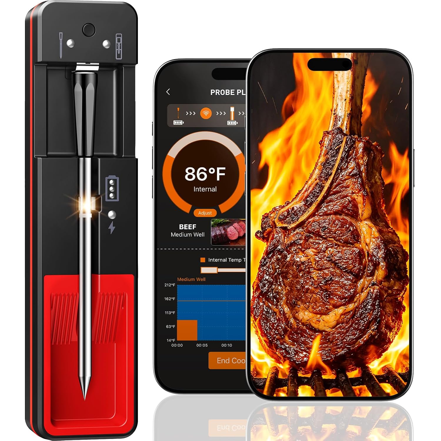 Smart Bluetooth Wireless Meat Thermometer Digital, 6 Accuracy Sensors, 0.5S Instant Read Food Thermometer, 2-in-1 100H Battery Fast Charge Base, APP Control & Custom Menu for BBQ, Grill, Smoker, Oven