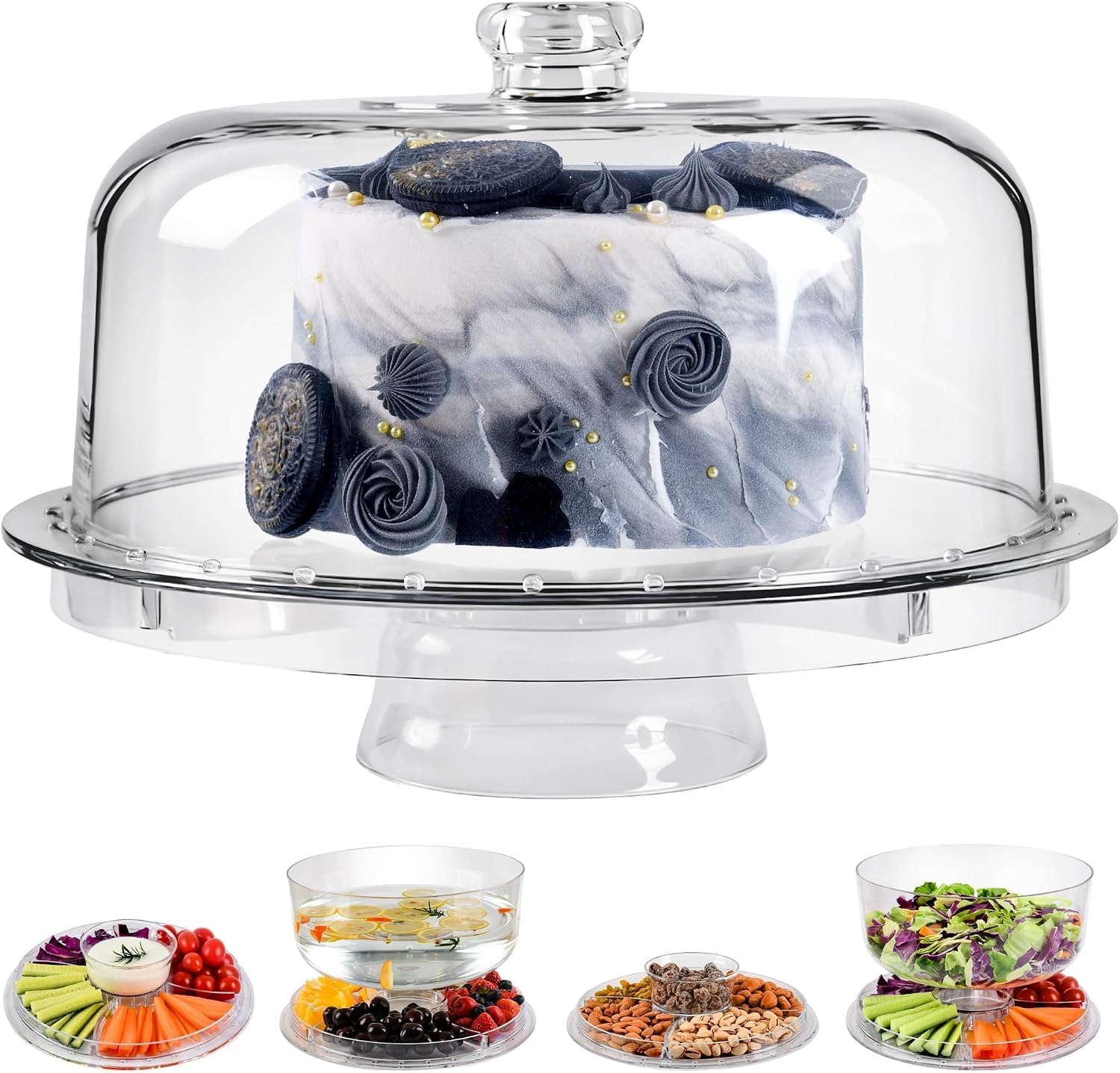 Cake Stand with Acrylic Dome Cover, 6-In-1 Multi-Purpose Cake Stand with Lid, 12.2″, Acrylic Cake Stand, Veggie Platter, Salad Bowl, Dessert Platter, Punch Bowl, BPA Free