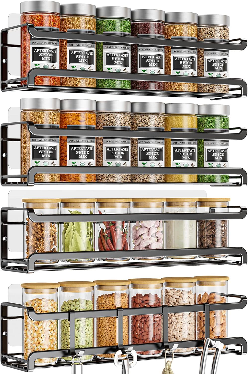 Bunoxea Spice Rack Wall Mounted 4 Pack, For Spice Jars & Seasonings,Black | 4 Removalble Hooks,Screw or Adhesive Hanging, Space-Saving,For Kitchen Cabinet, Pantry Door,Stove,RV Use,11.41×2.75×2.75in