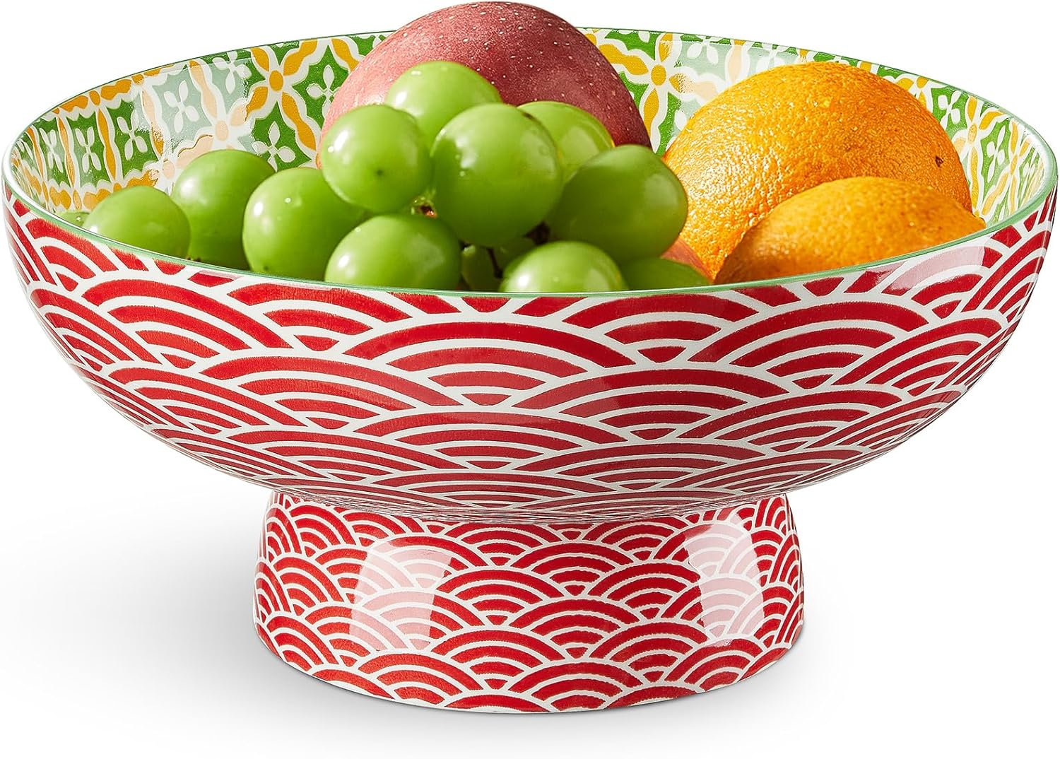 Metahom 10″ Ceramic Fruit Basket, Large Pedestal Bowl with Detachable Base, Colorful Snack Bowl, Decorative Bowl for Kitchen Counter Decor, Red Color