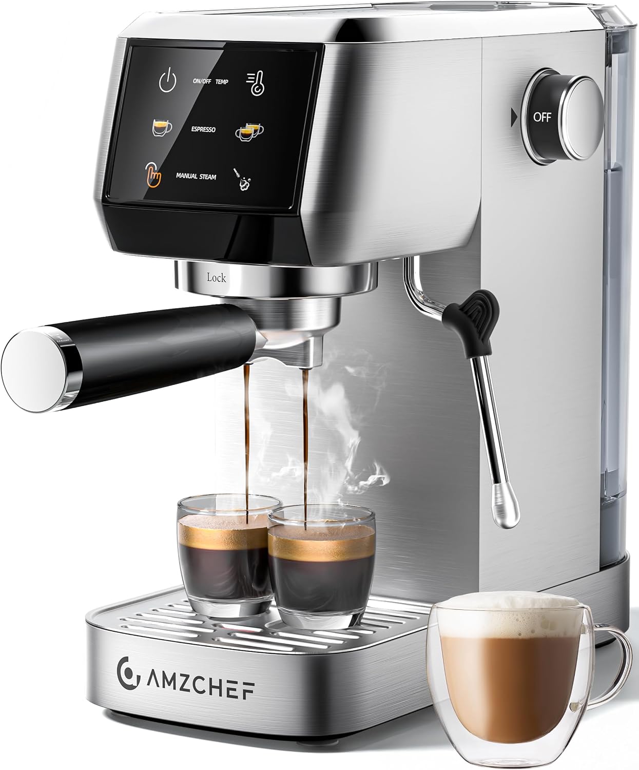 AMZCHEF Compact Espresso Machine, 20Bar Home Barista Coffee Maker with 1350W Fast Heating, 3-Level Temperature Control, 360° Adjustable Steam Wand, HD Touch Screen, Small Footprint for Kitchen