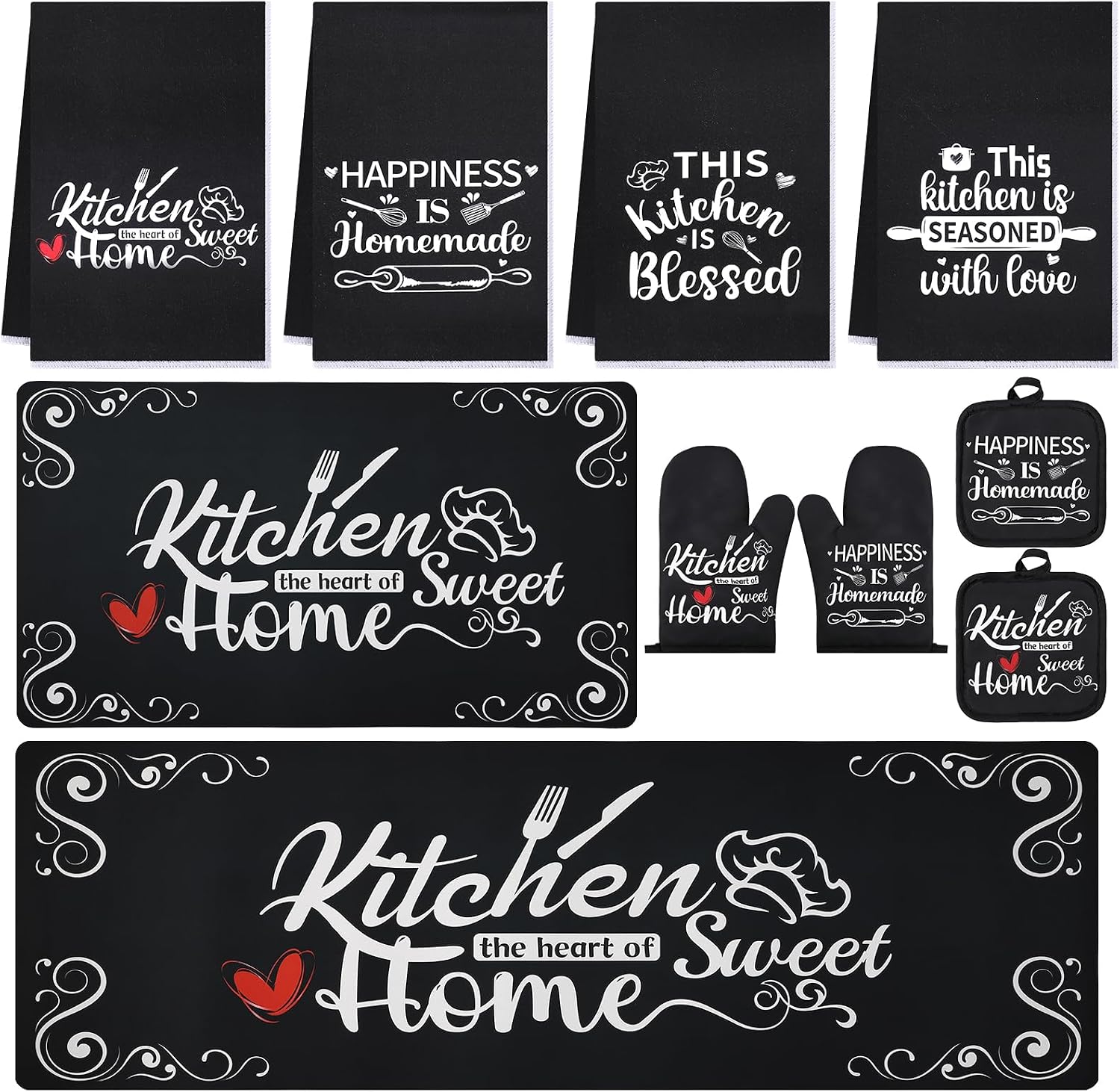 10 Pcs Black Kitchen Accessories Decor Set with 4 Kitchen Dish Towels 2 Vintage Pot Holders 2 Oven Mitts Glove 2 Farmhouse Non Slip Runner Rugs, Home