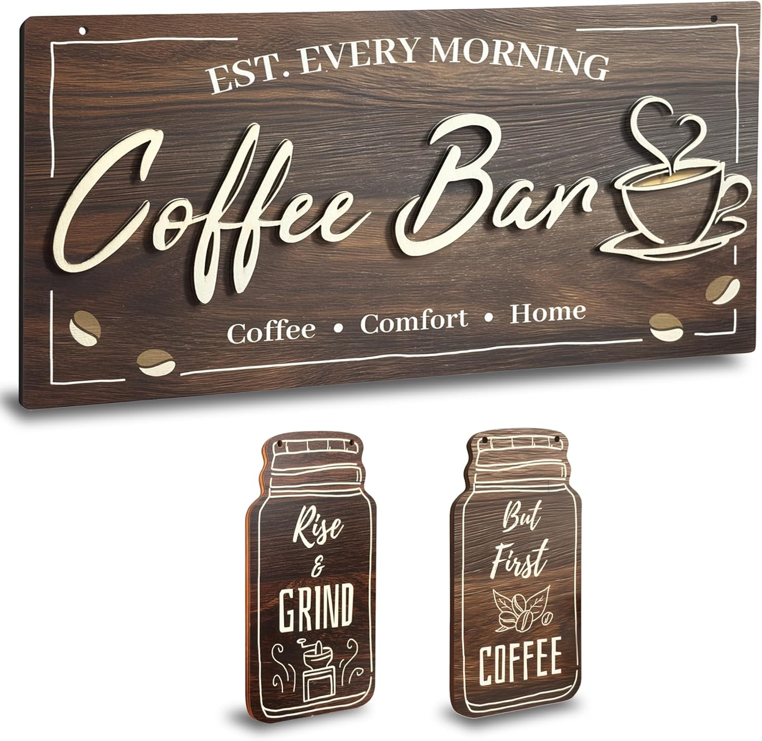3 Piece Coffee Bar Decor Signs, Rustic Farmhouse Kitchen Wall Art with 3D Layered Wood Design, Themed Set for Coffee Station Accessories & Nook Decoration