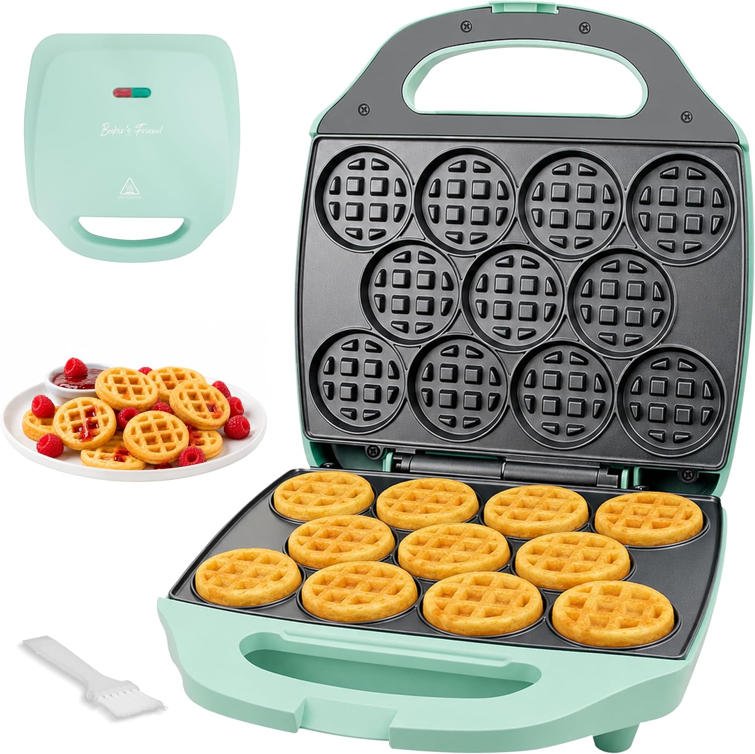 Baker’s Friend, Bite-size Mini Waffle Maker for Kids & Adults, Small Waffle Maker Mini Belgian Waffle Machine, 11 X 2.2” Tiny Nonstick Waffles Iron, Recipe Included, Aqua