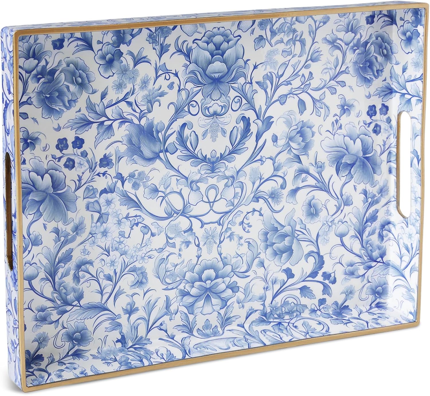 Serving Tray with Handles, Rectangular Plastic Tray 15.75×11.81 Inch, Blue and White Peony Chinese Porcelain Style Decorative Tray for Kitchen, Dining Table, Vanity, Office & Home