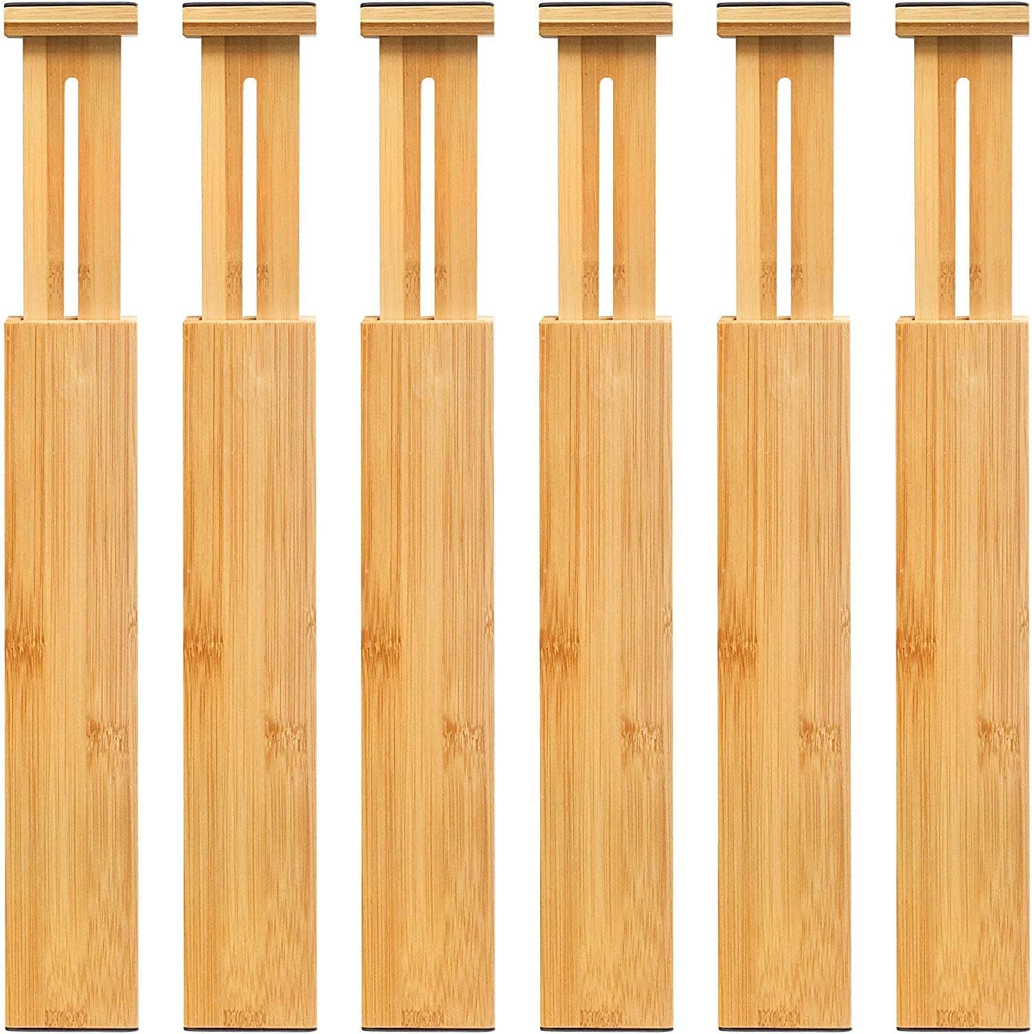 VaeFae 6-Pack Adjustable Bamboo Drawer Dividers, Expandable Drawer Organizer for Kitchen Utensils, Clothes, Bathroom, Office – Fits Drawer Interiors 16.6″ to 21.8″