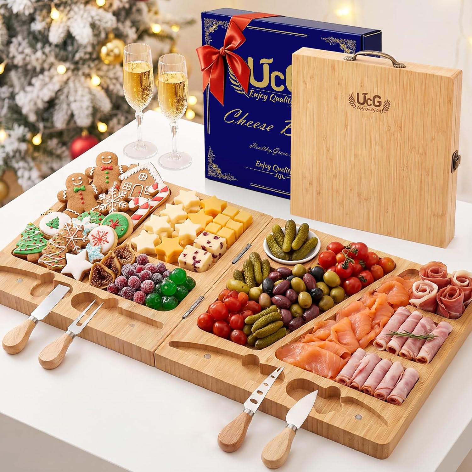 UTCG Charcuterie Board Gifts for Women: Bamboo Folding Cheese Board with Knife Set – Unique White Elephant Gift Wedding Housewarming Mothers Day Birthday Party Bridal Shower Gift