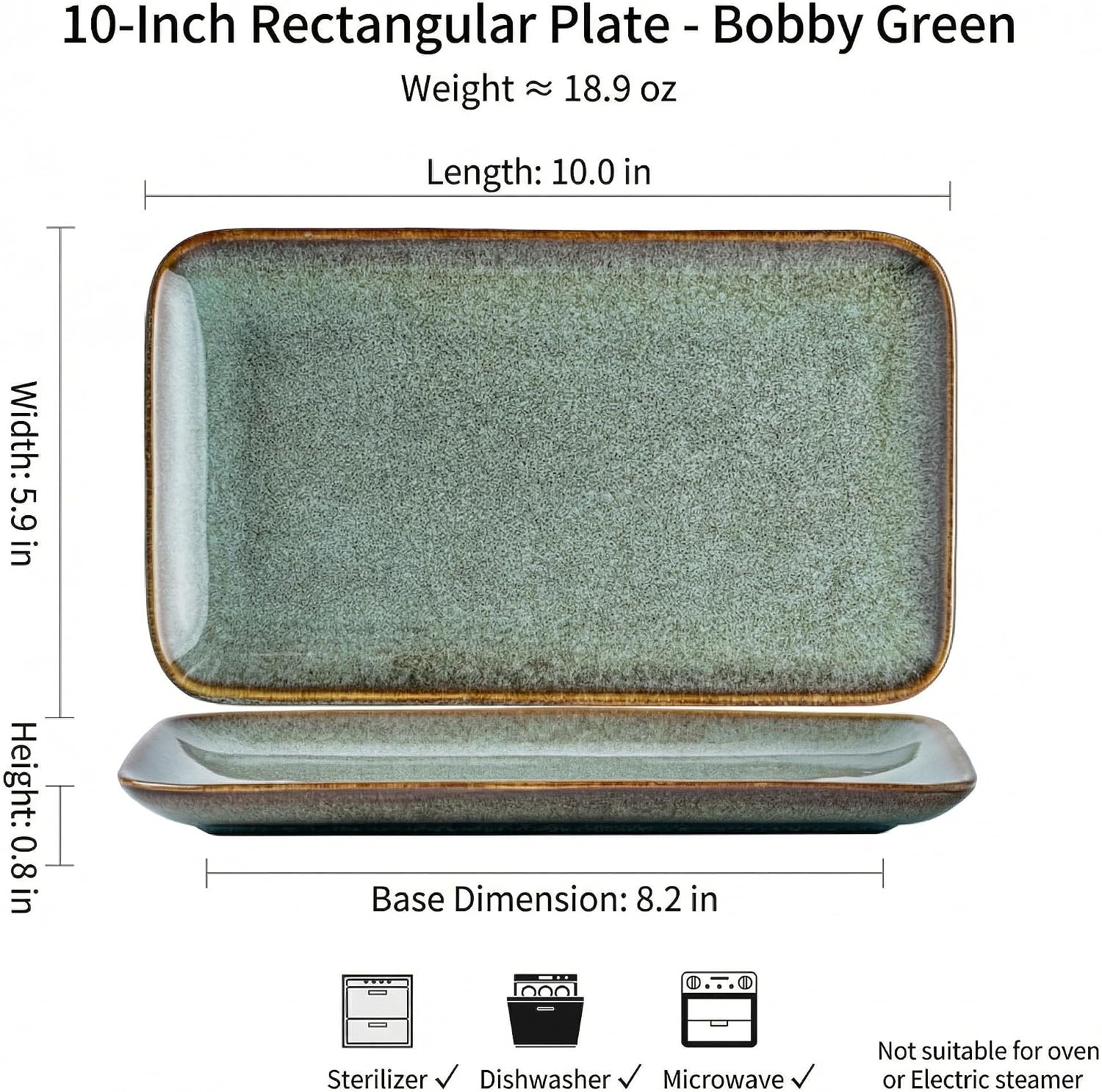 Unique Glazed Green Ceramic Tray,10 Inch Rectangular Serving Platter | Microwave & Dishwasher Safe Serving Tray For Dinner, Appetizer, Sushi, Vanity Storage & Perfume Organizer