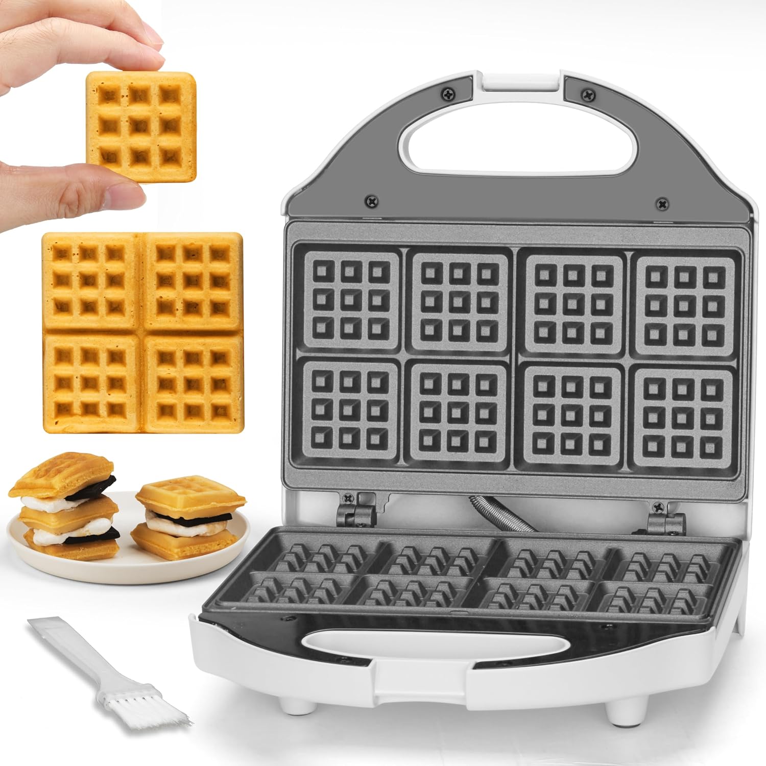 SugarWhisk Square Waffle Maker, 2 x 4″ Mini Classic Waffles Maker Machine, Waffle Iron, Dual Cooking Plates for Family Breakfast, Non-stick, White