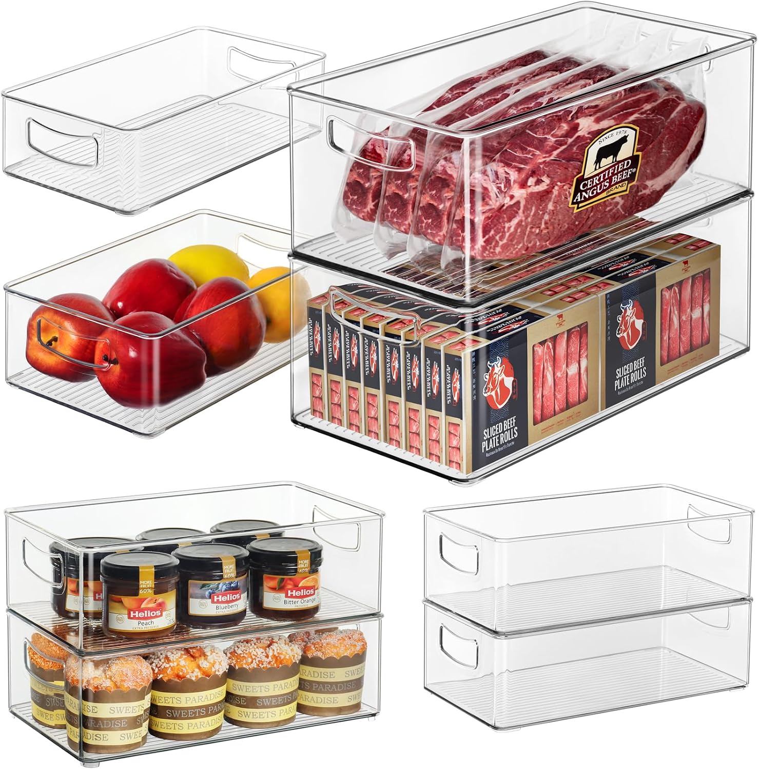 Hudgan 8 Pack Freezer Organizer Bins,Stackable,Clear Bins for Fridge,Pantry | Straight Side, 3 Sizes, 2 XL Storage Container, 3 Large Cabinet Organizer, 3 Medium Storage Drawer