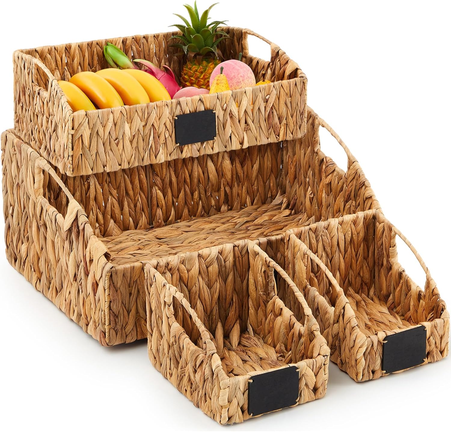 Wonderjune 4 Pcs Water Hyacinth Storage Basket Set Boho Wicker Rattan Pantry Basket with Chalkboard Label Handles Woven Container Kitchen Laundry Large Small for Shelves Food Home Bathroom Decor