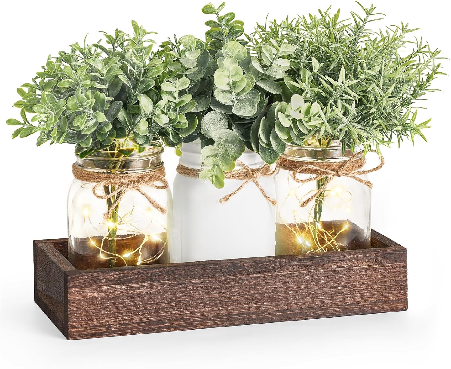Mkono Mason Jar Lights Table Centerpiece for Dining Room Fake Eucalyptus Plants Christmas Table Decor for Kitchen Coffee Table Living Room Bathroom