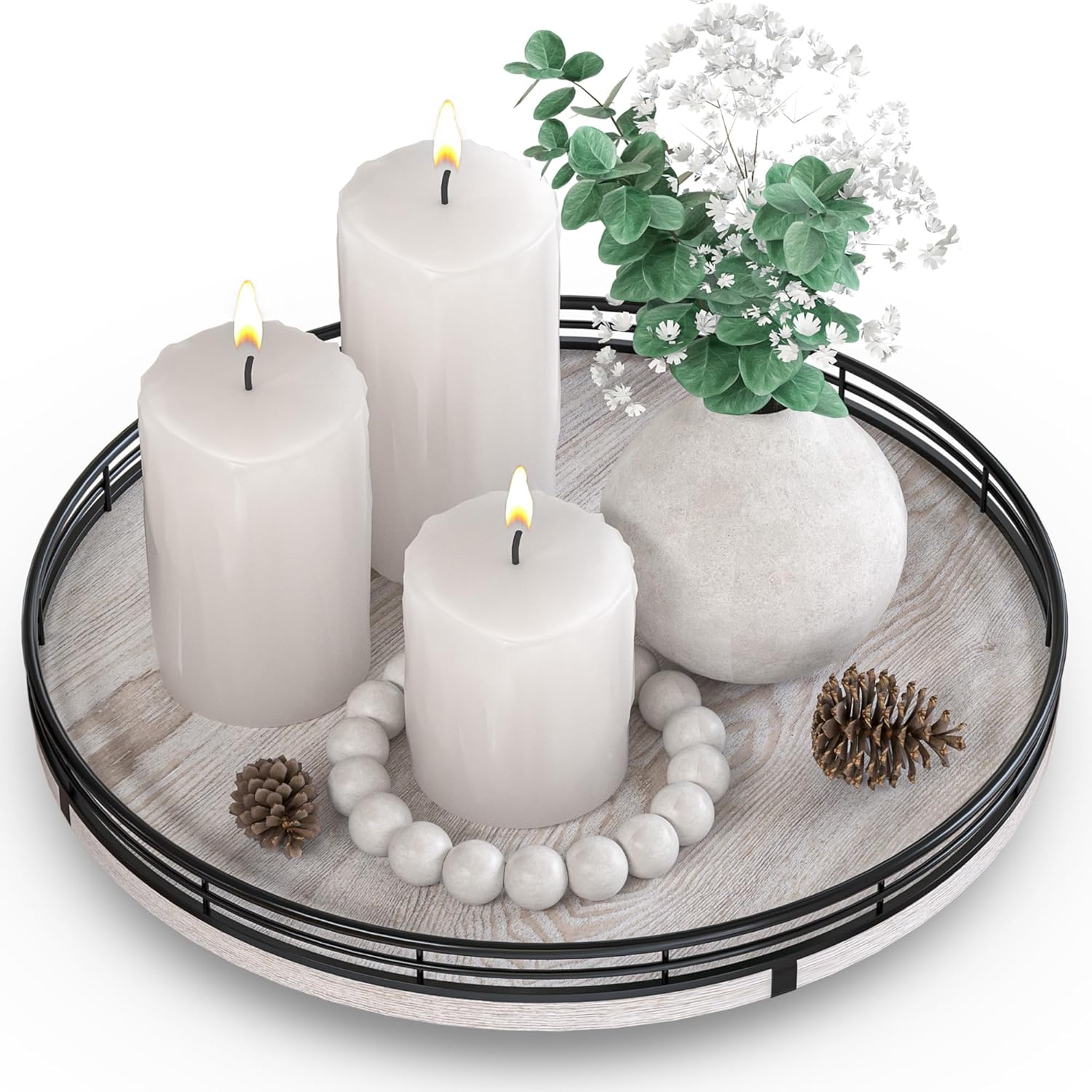 12″ Farmhouse Lazy Susan for Kitchen & Coffee Table Decor – Rustic Whitewashed Wood Tray with Black Metal Frame, Decorative Centerpiece for Dining Room, Ottoman, Living Room, Serving or Vanity Use