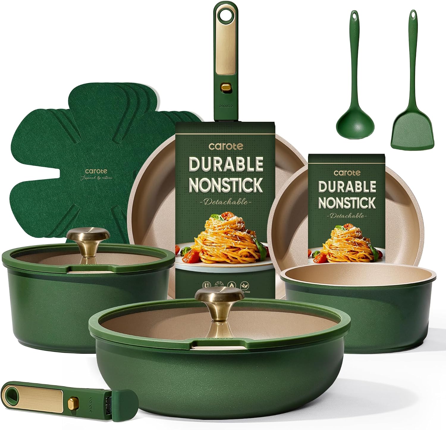CAROTE Green&Gold Nonstick Cookware Set, 15Pcs Pots and Pans Set Non Stick Detachable/Removable Handle,Kitchen Cooking Set Dishwasher Safe, RV Kitchen Pot and Pan, Induction Cookware