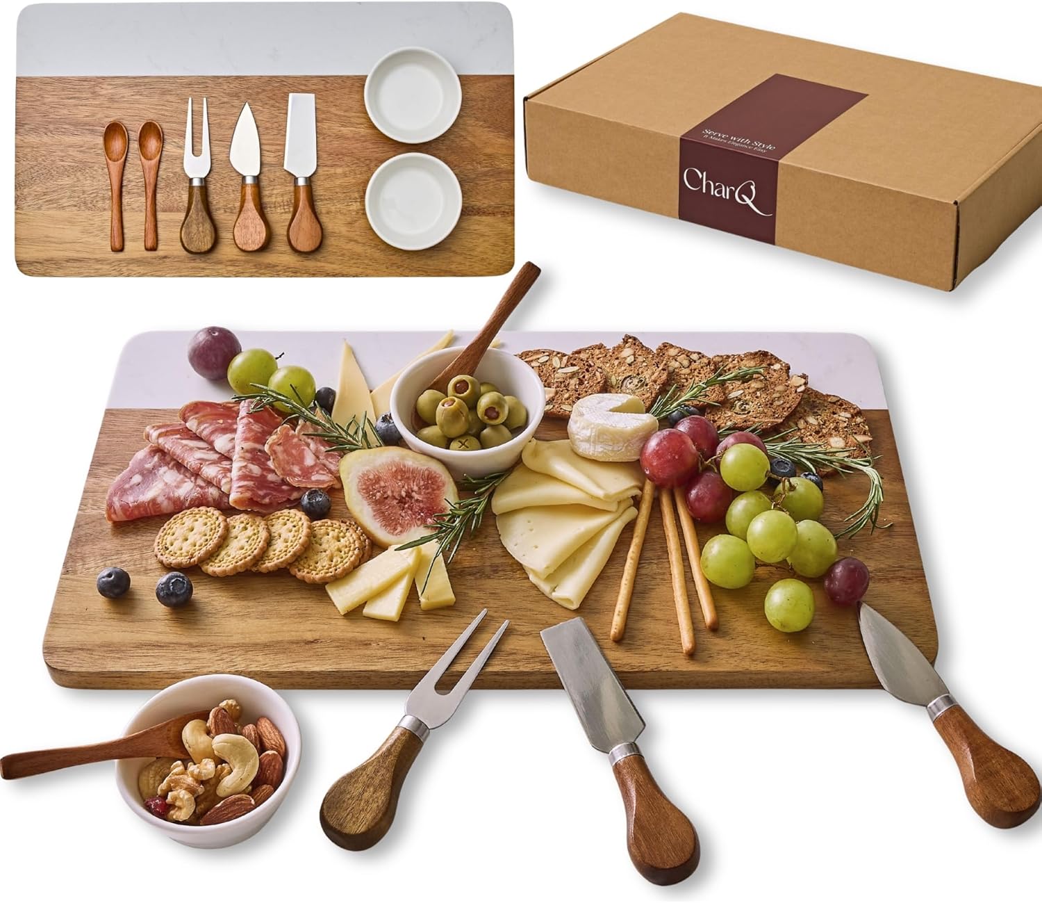 Charcuterie Board Set – Marble & Acacia Wood Cheese Board Gift Set | Gift Set, For Hosting, Wedding and Housewarming, Bridal Shower, Marble Serving Tray