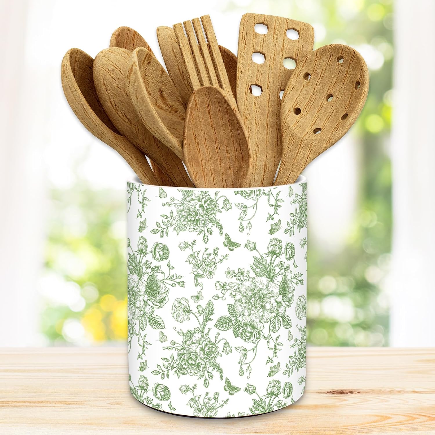 JarThenaAMCS Green Chinoiserie Floral Ceramic Utensil Holder Vintage Flower Butterfly Utensil Crock for Home Kitchen Countertop Storage Organizer Container