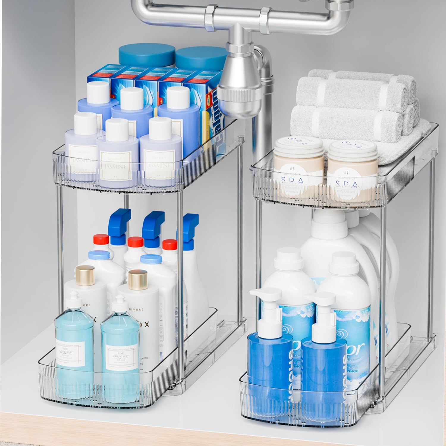 2 Pack Large Pull Out Bathroom Organizers and Storage,2 Tier 12.8″ Tall Sliding Kitchen Under Sink Organizer for Cleaning Products Storage,Acrylic Clear Bathroom inder Sink Organizer,Undersink Storage