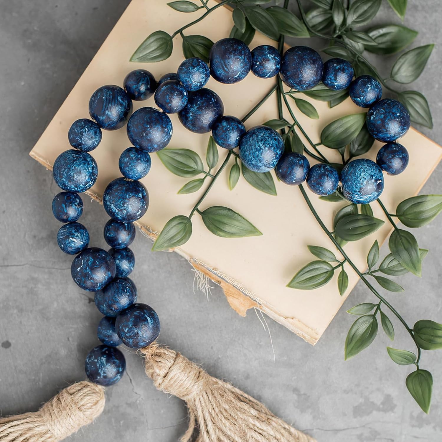 Handcrafted Farmhouse Wooden Decorative Beads Garland, Table Tray Boho Wood Beads with Tassel, Small Rustic Antique Decor for Home and Events (32″ Rustic Blue)