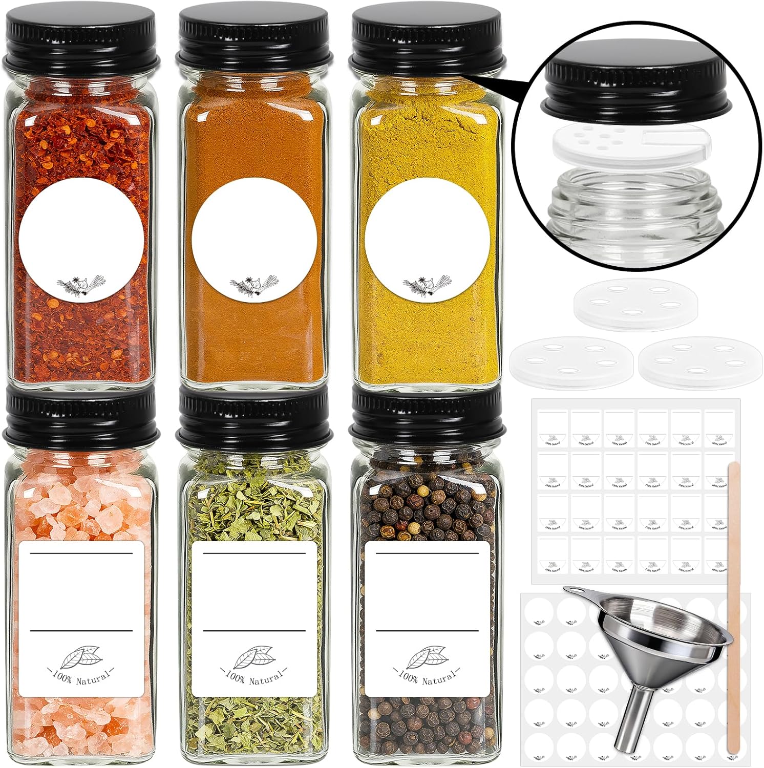 6 Pack Glass Spice Jars with Labels, 4oz Spice Containers with Black Lids | Includes 60 Labels, Metal Funnel, Extra Shaker Lids & Stirring Stick for Kitchen Seasoning Organization