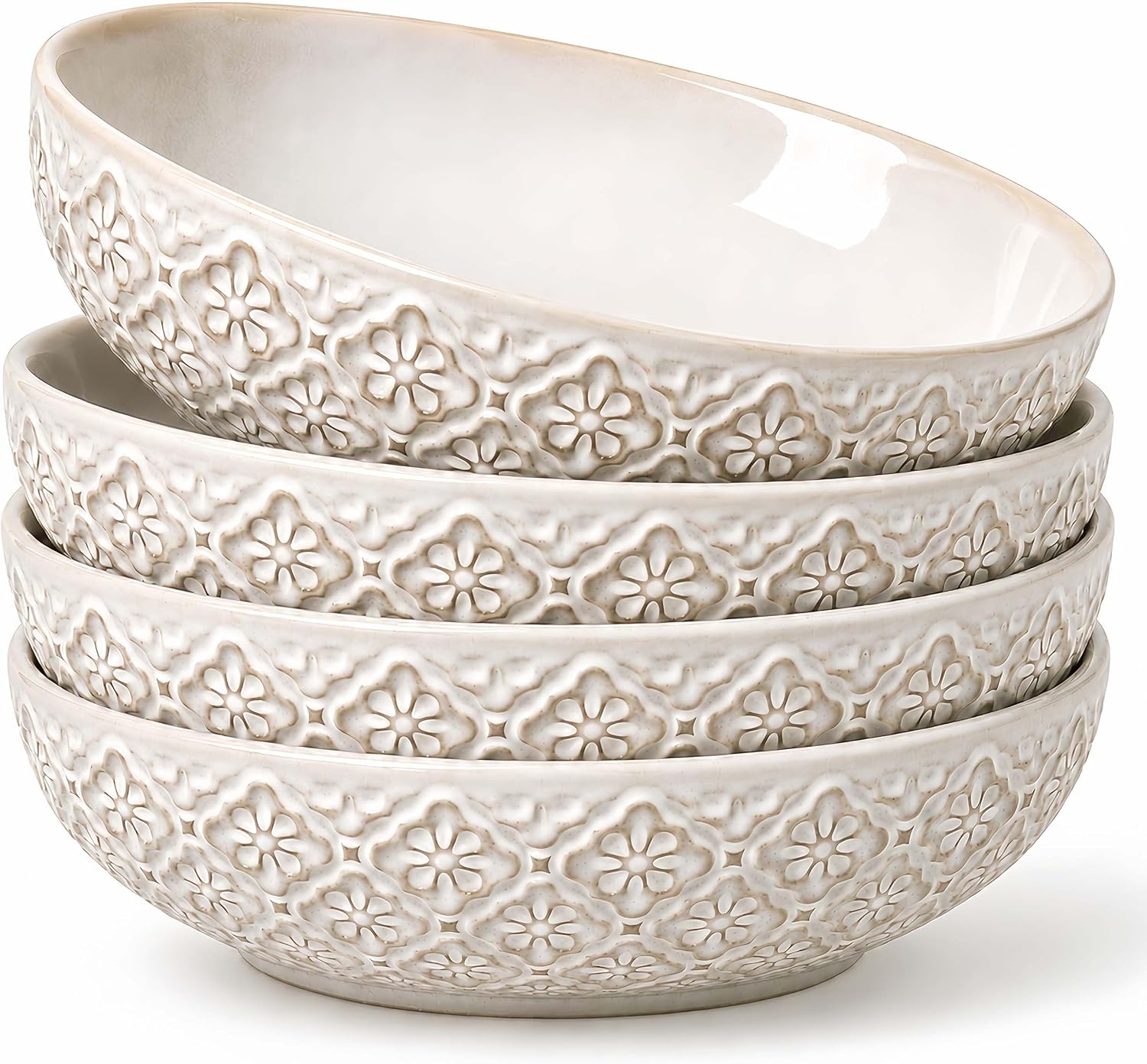 8 inch Pasta Bowls, 22 Oz Ceramic Serving Bowls Set of 4, Embossed Porcelain Salad Bowl, Serving Dishes for Pasta, Salad, Soup, Fruit, Housewarming Gift, Wedding Decor, Oven & Dishwasher Safe