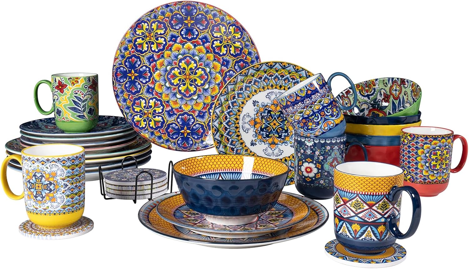 Bohemian Dinnerware Set for 6 – Cereal Bowls, Dinner Plates, Salad Plates, Coffee Mugs & Coasters