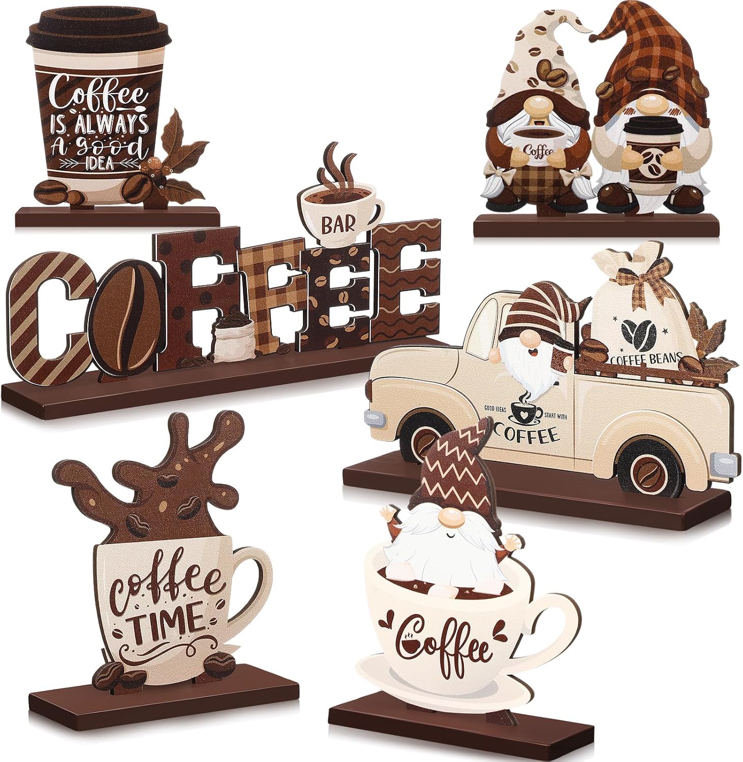 Blosssound Coffee 6 Pcs Bar Decor Sign Coffee Bar Accessories Farmhouse Gnomes Rustic Table Centerpiece Wood Tiered Tray Decor Table Signs for Home Kitchen Ornament (Brown)
