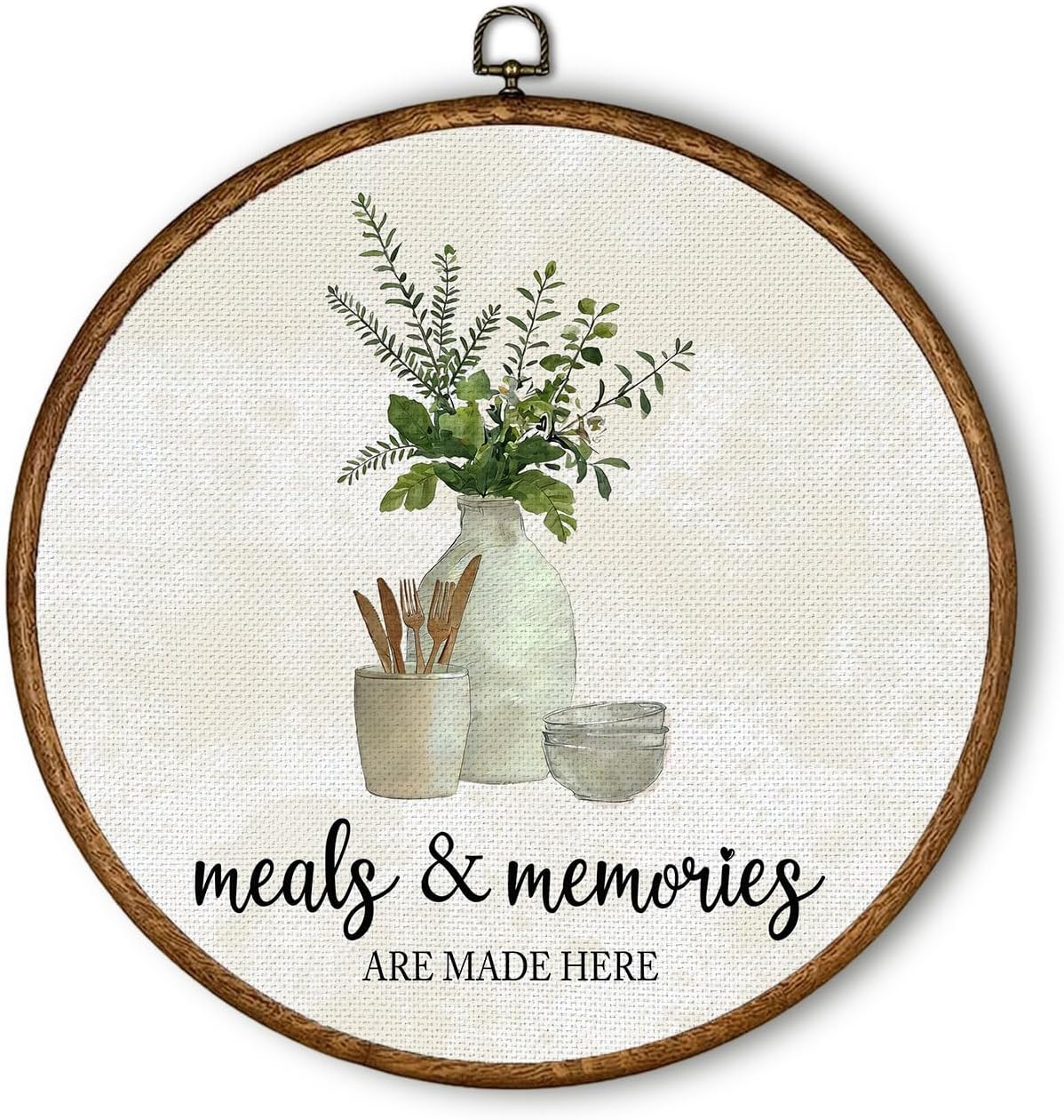 QWZDRHYJI Rustic Farmhouse Kitchen Round Wall Art Decor, Meals & Memories Are Made Here Botanical Framed Canvas Prints Wall Hanging for Home Kitchen Dining Room Decorations, 10×10 Inch