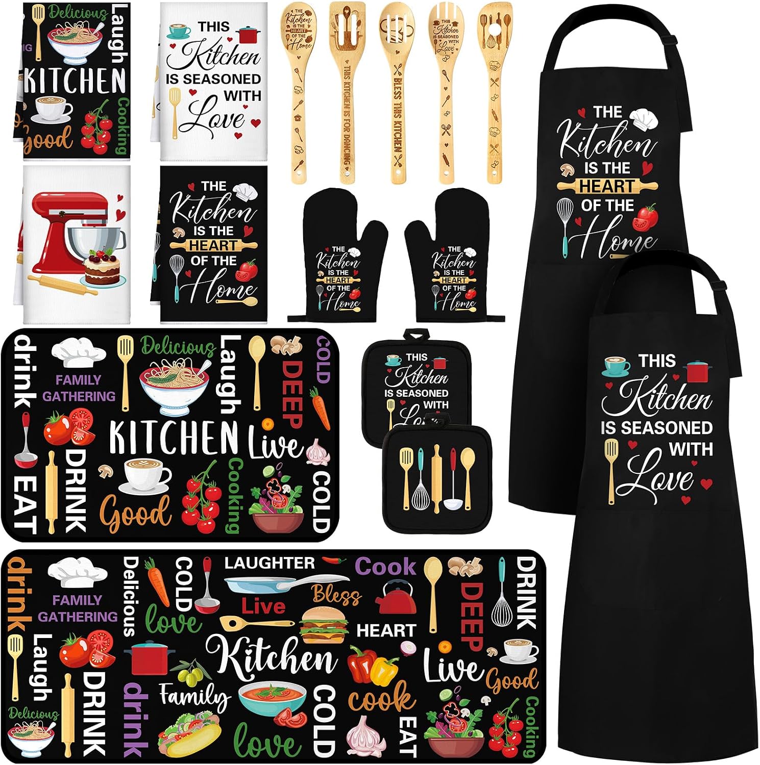 Bencailor 17 Pcs Farmhouse Kitchen Decor and Accessories Black Kitchen Sets Rug and Mat Oven Mitts and Pot Holders Apron Dish Towels Cute Wooden Spoons for Holiday Decoration Home Housewarming Gifts