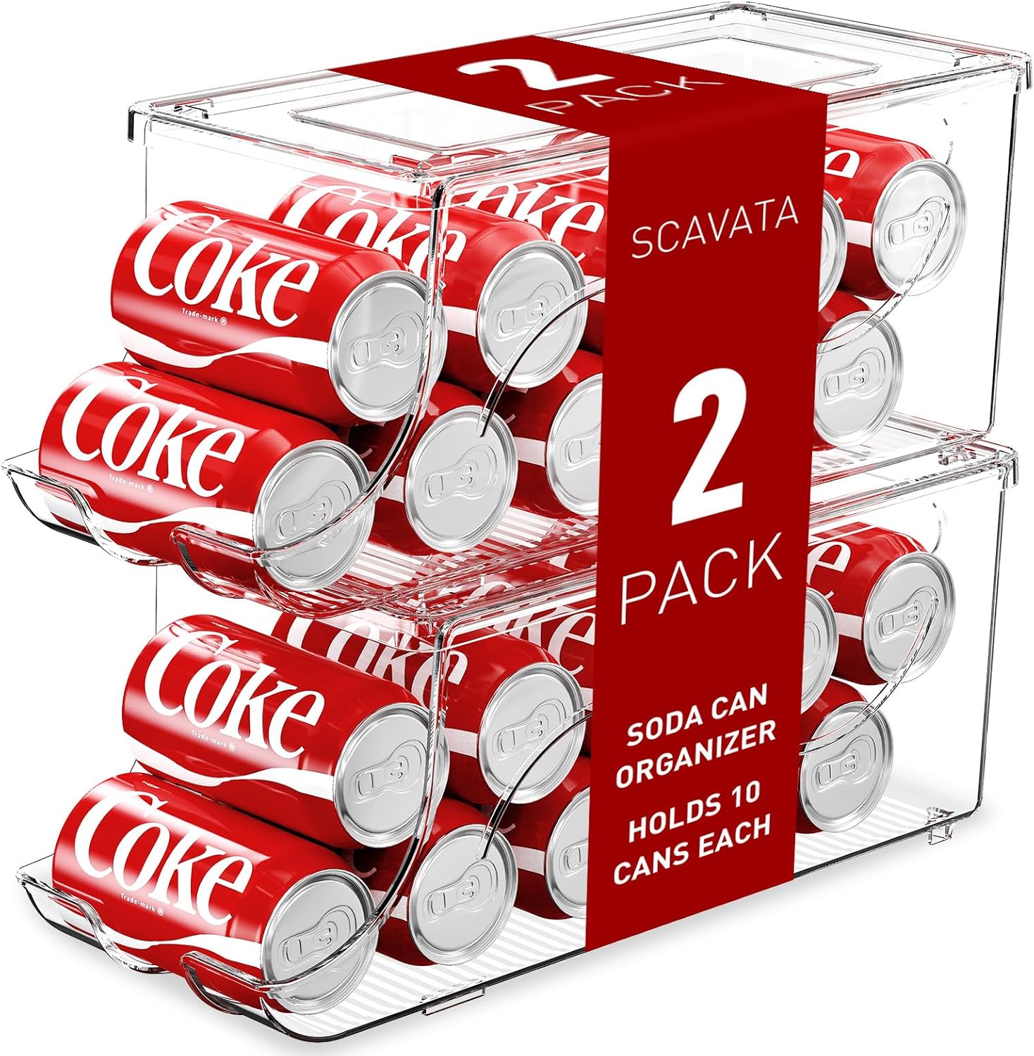 SCAVATA 2 Pack Stackable Refrigerator Organizer, Soda Can Dispenser Pop Cans Container Beverage Holder with Lid for Fridge, Freezer, Kitchen, Clear Plastic Storage Bins-Holds 10 Cans Each