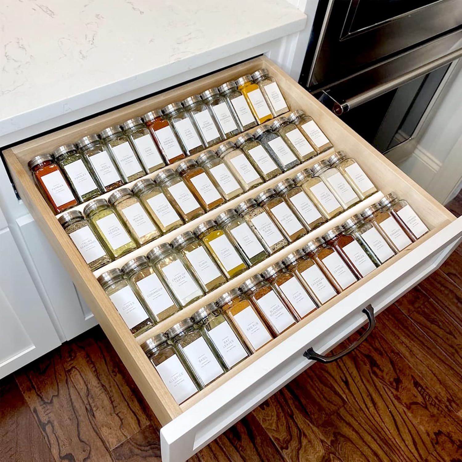 MIUKAA Clear Acrylic Spice Drawer Organizer, 4 Tier- 2 Set Expandable From 13″ to 26″ Drawer Seasoning Organizer, Kitchen Spice Rack Tray for Drawer/Countertop (Jars not included)