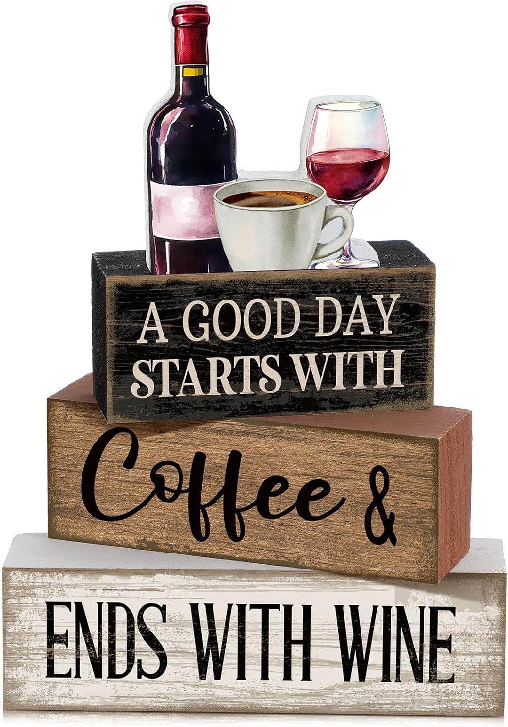 Lineshading 4 Pcs Farmhouse Kitchen Decor Wooden Stacked Block Sign with Wine Bottle, Coffee Cup & Glass Sculpture a Good Day Starts with Coffee Ends with Wine Sign for Home & Bar Housewarming Gift