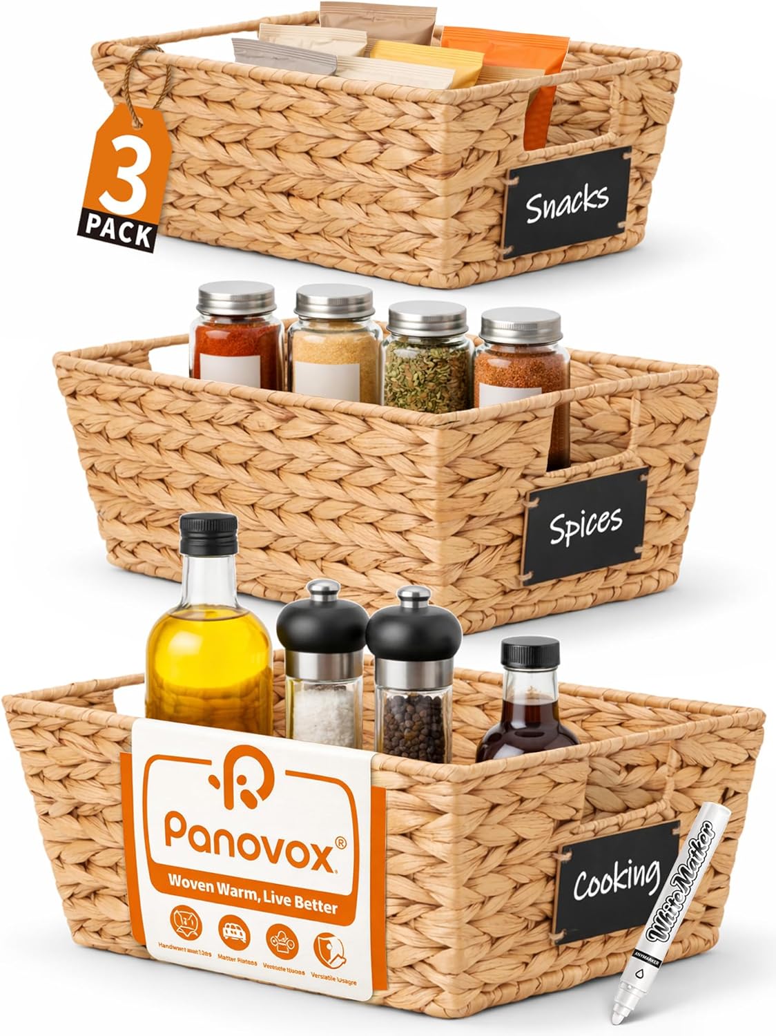 Pantry Organizers and Storage, Water Hyacinth Storage Baskets for Shelves, Natural Baskets for Organizing, Pantry Baskets with Chalkboard Labels and Marker