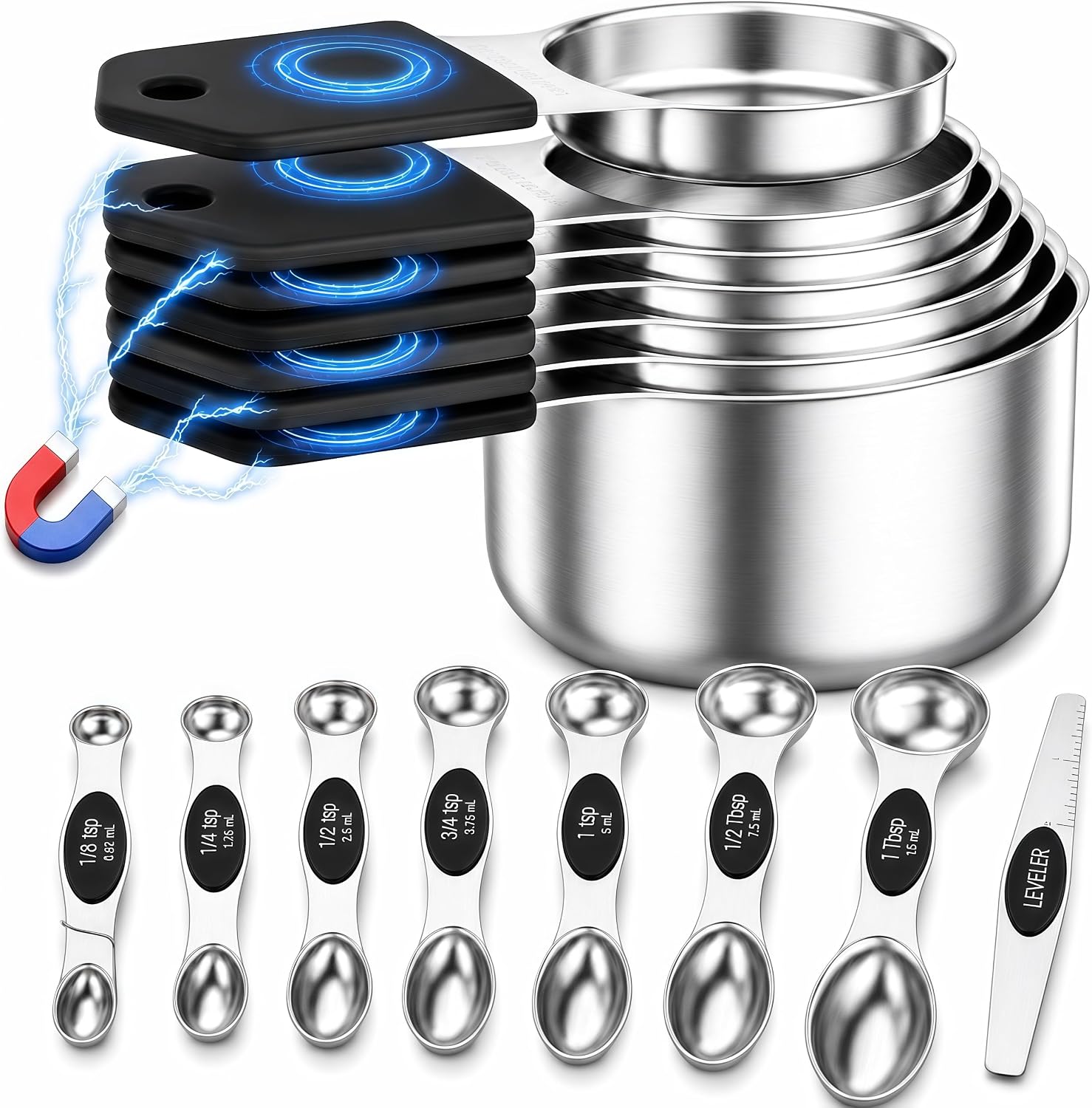 Magnetic Measuring Cups and Spoons Set, Strong N52 Magnets, Heavy Duty 304 Stainless Steel Fits in Spice Jars for Baking & Cooking, BPA Free, Round Set of 15 with Leveler Black