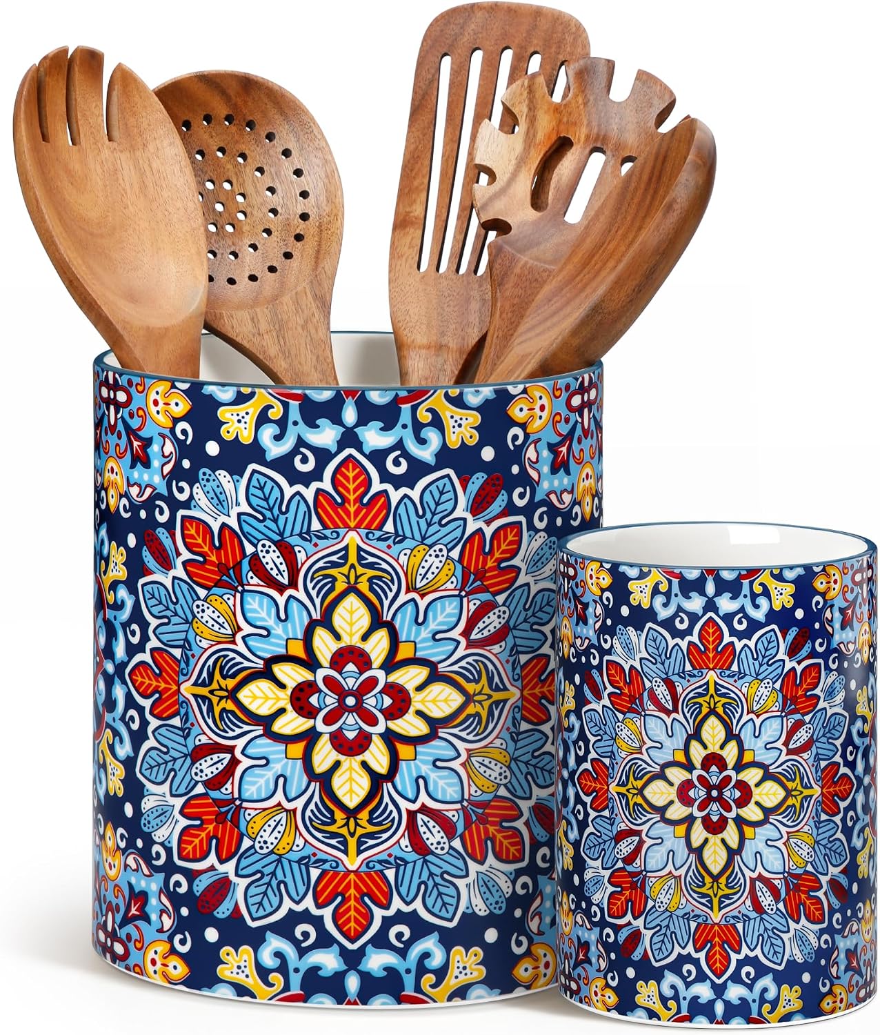 vancasso SIMI Utensil Holder, 7.3″+5.5″ Porcelain Kitchen Utensil Holder for Countertop, Bohemian Kitchen Utensil Organizer for Spatulas, Spoons, Decorative Counter Utensil Crock, Twilight Bloom
