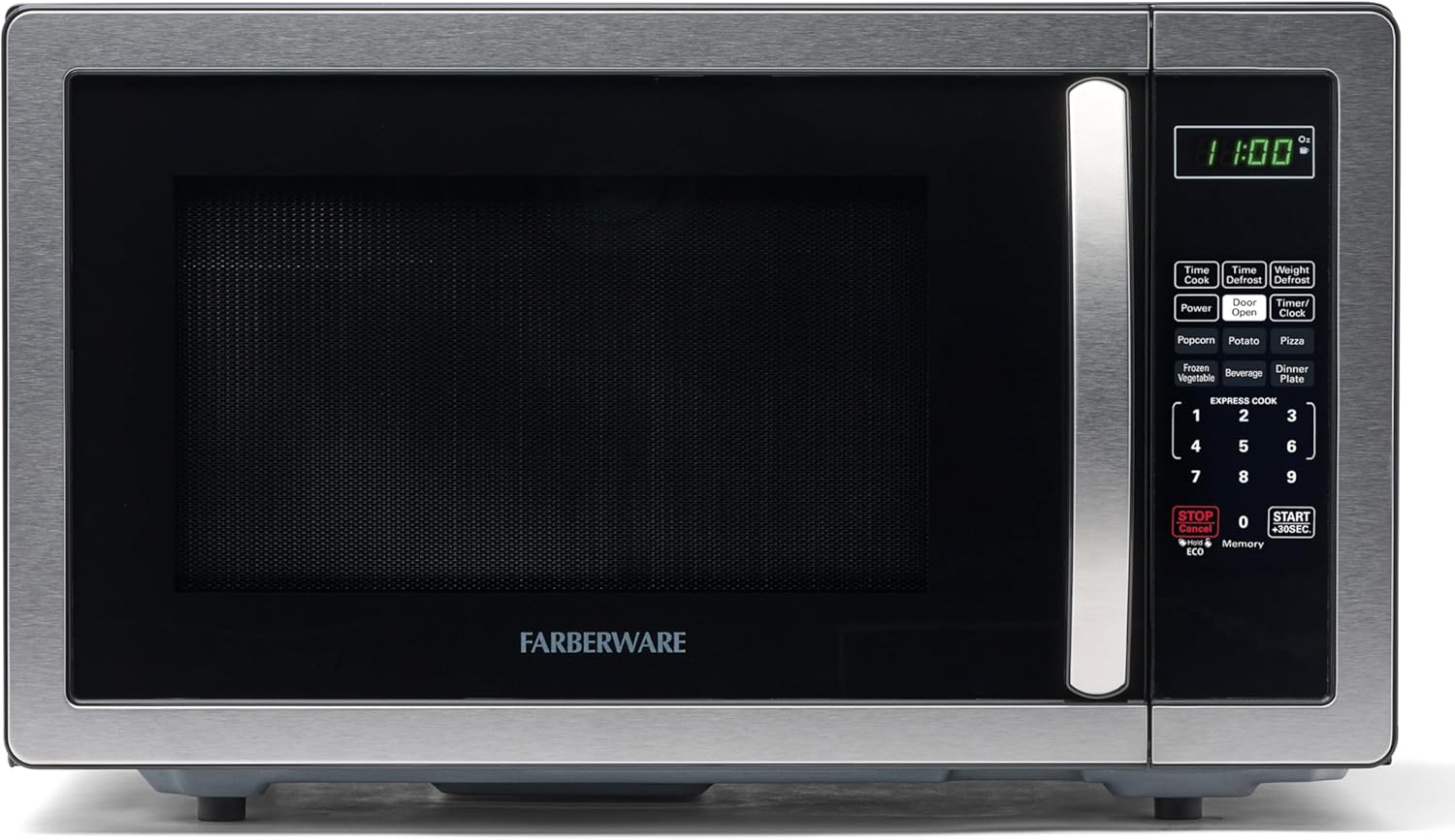 Farberware 1.1 Cu. Ft. Countertop Microwave Oven – 1000 Watts Power, Auto Cook Settings, Defrost, Easy Clean and Child Safety Lock – Stainless