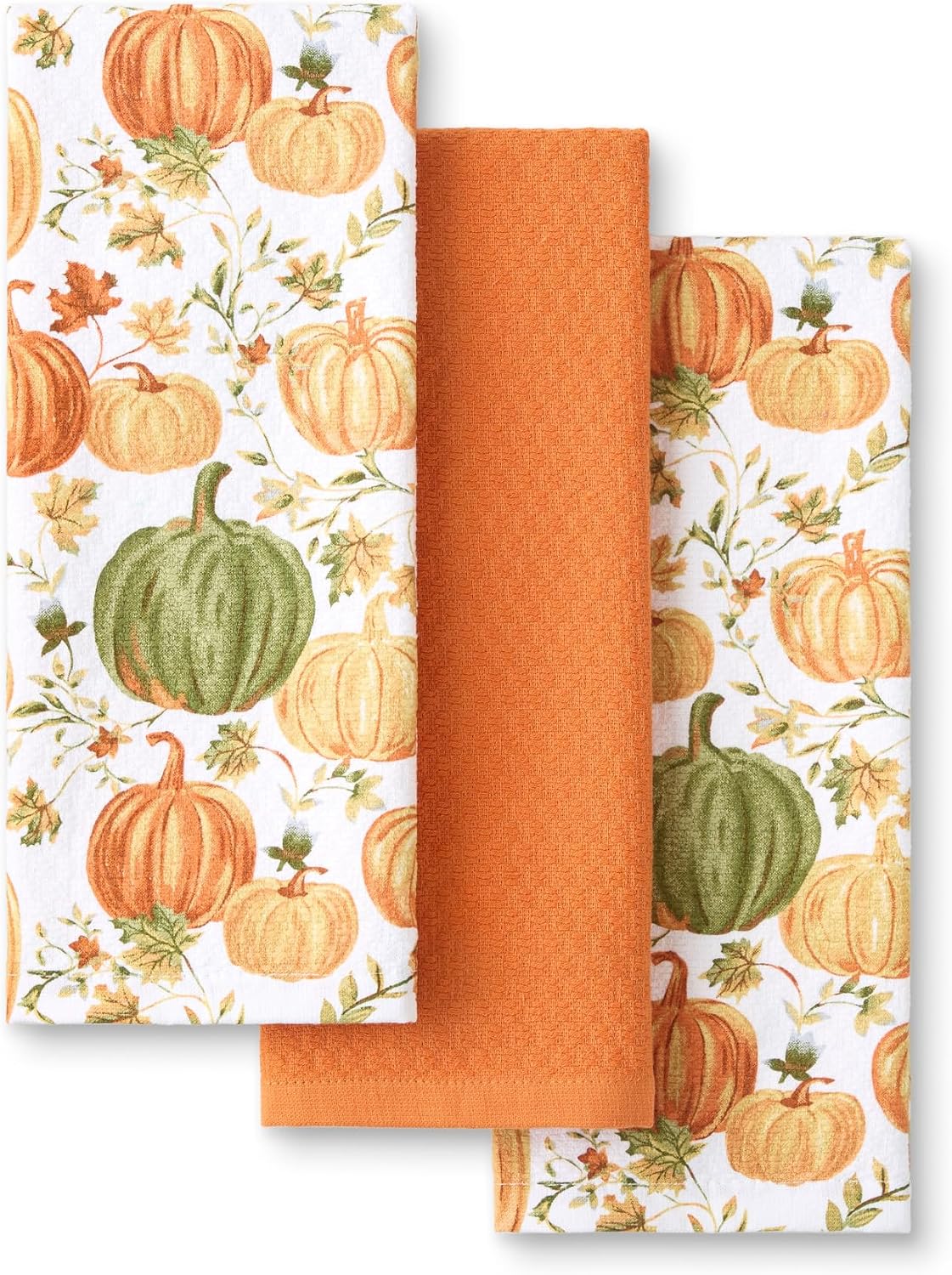 Martha Stewart Autumn Harvest Pumpkins Kitchen Towel 3-Pack Set, 100% Cotton with Absorbent Terrycloth, Decorative Kitchen Towels, Orange/Green/Ivory, 16″x28″