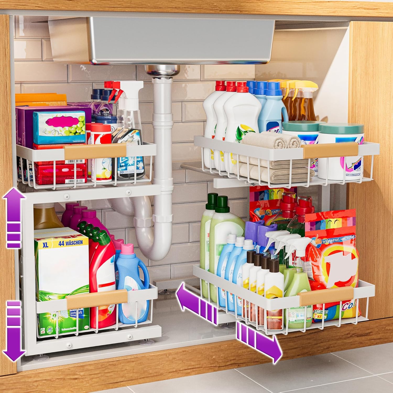 ADBIU Under Sink Organizer 2 Pack, Adjustable Height (11″-15.75″) Under Cabinet Storage, 2 Tier Pull Out Sliding Drawers for Kitchen Bathroom, Heavy Duty Metal Shelf, White