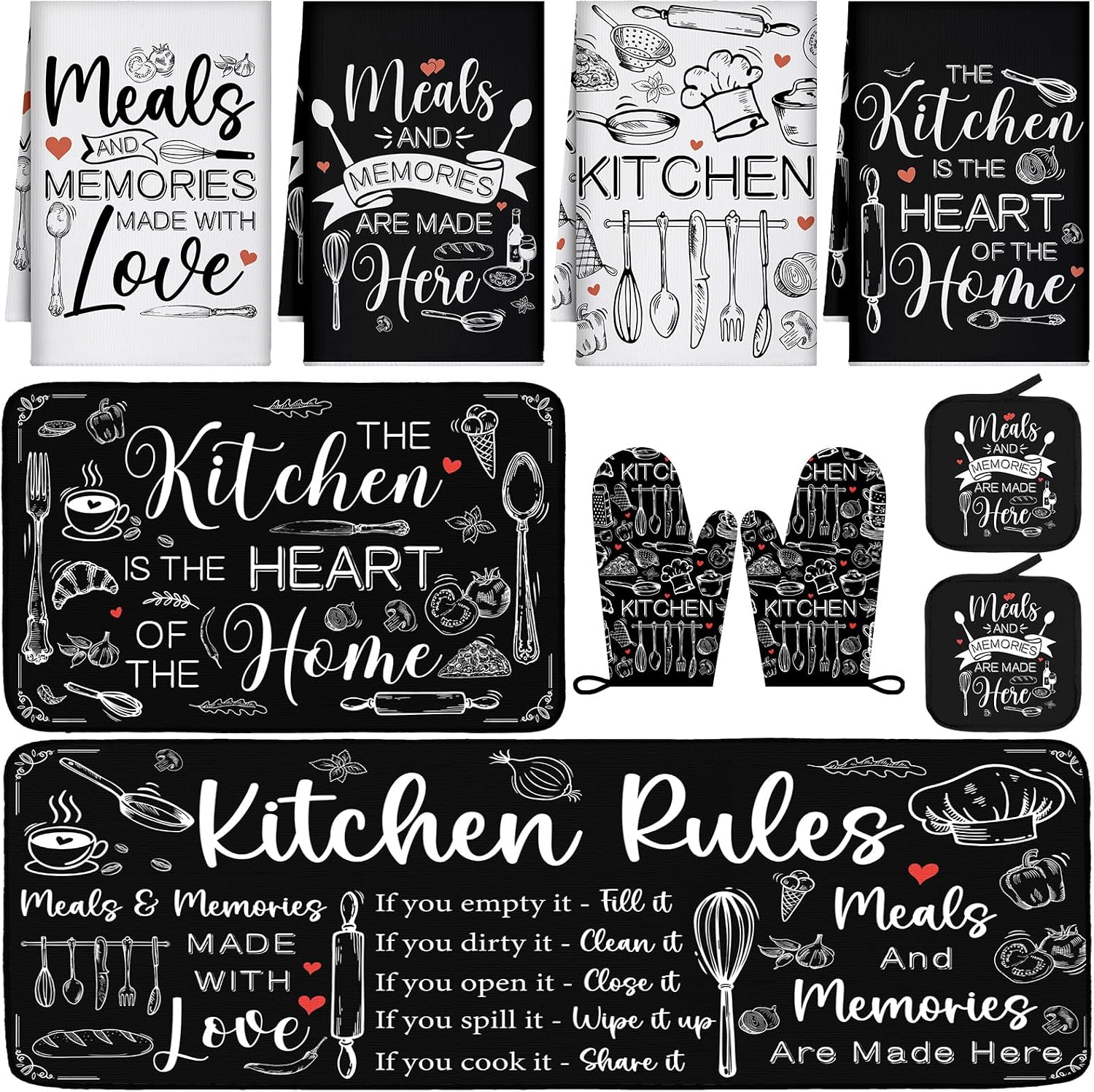 Fourluoo 10 Pcs Black and White Kitchen Decor Farmhouse Oven Mitts and Pot Holders Sets Vintage Kitchen Dish Towels Rustic Pattern Oven Mitts for Home Decorations Baking Cooking