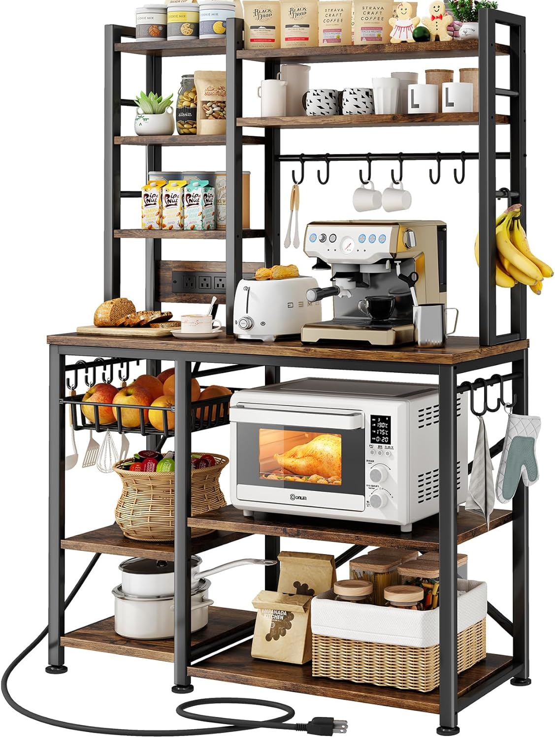 SNTD Baker Rack with Power Outlet – Microwave Stand with Storage, Large Coffee Bar Station with 14 Hooks, Metal Kitchen Shelf Rack for Spices, Pots (Rustic Brown) | with Power Outlet