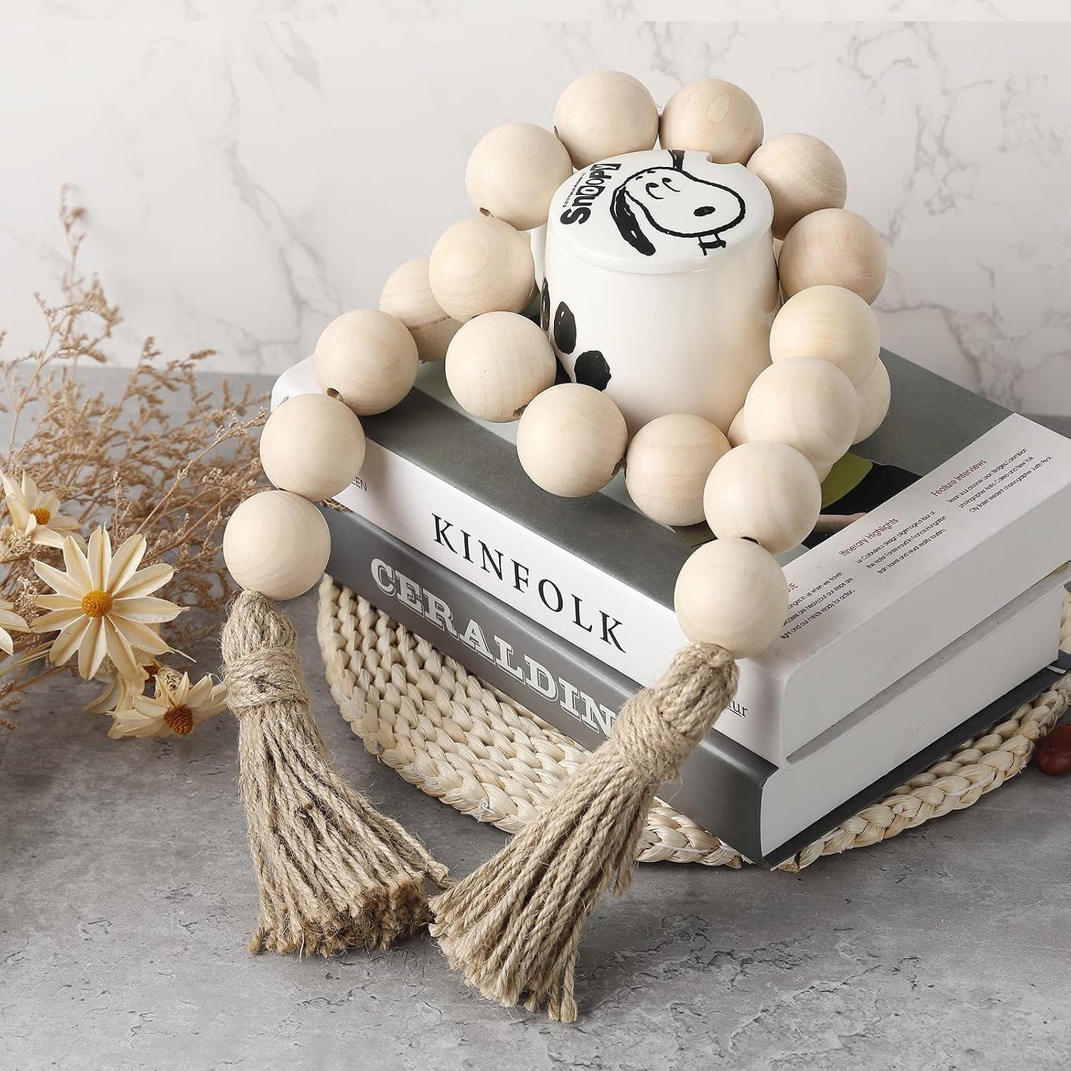 Farmhouse Decor Large Wood Bead Garland 50inch long with 1.6″ Diameter beads, Natural Wooden Beads Decor with Tassels Decorative Boho Country Decoration for Coffee Table Home Tiered Tray Wall Hanging